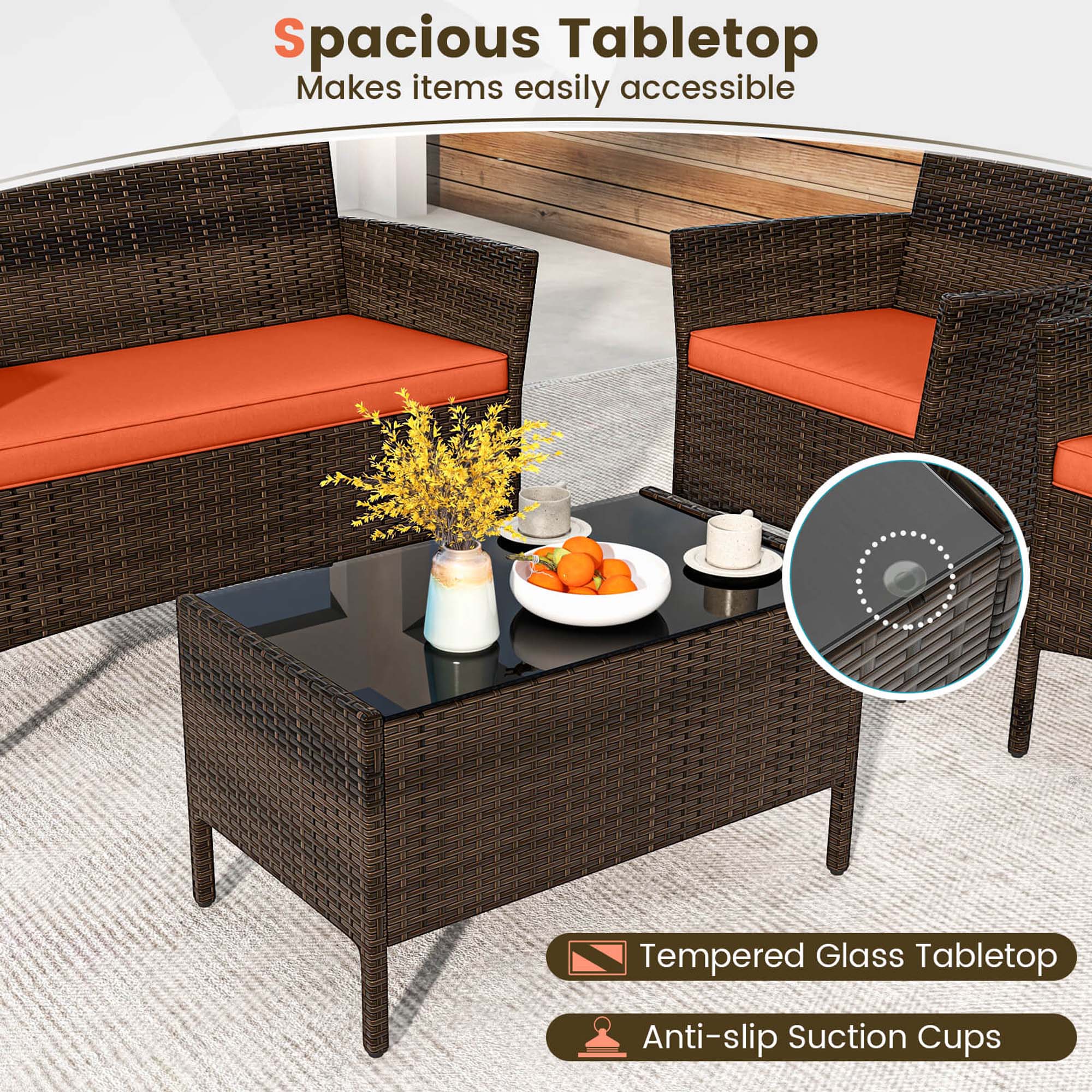 Spacious Tabletop, Makes items easily accessible, Tempered Glass Tabletop, Anti-slip Suction Cups