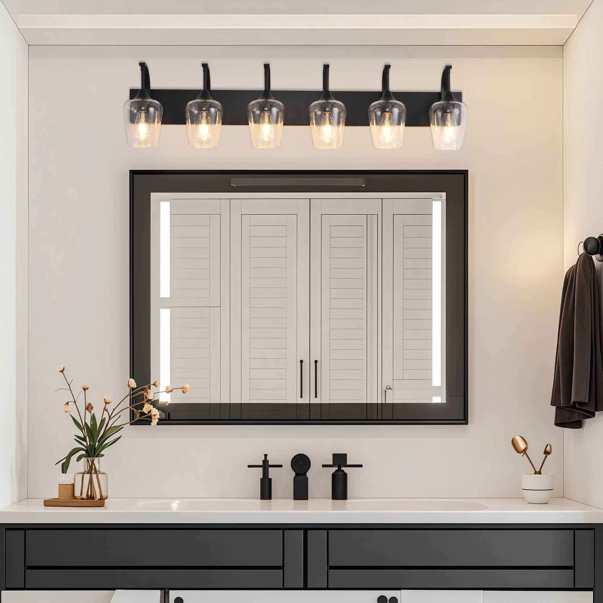 Alt View 1. RYHNUYNE - Black Bathroom Light Fixtures,6-Light Industrial Vanity Light with Clear Glass Shades,Bathroom Wall Lamp Over Mirror - Black.