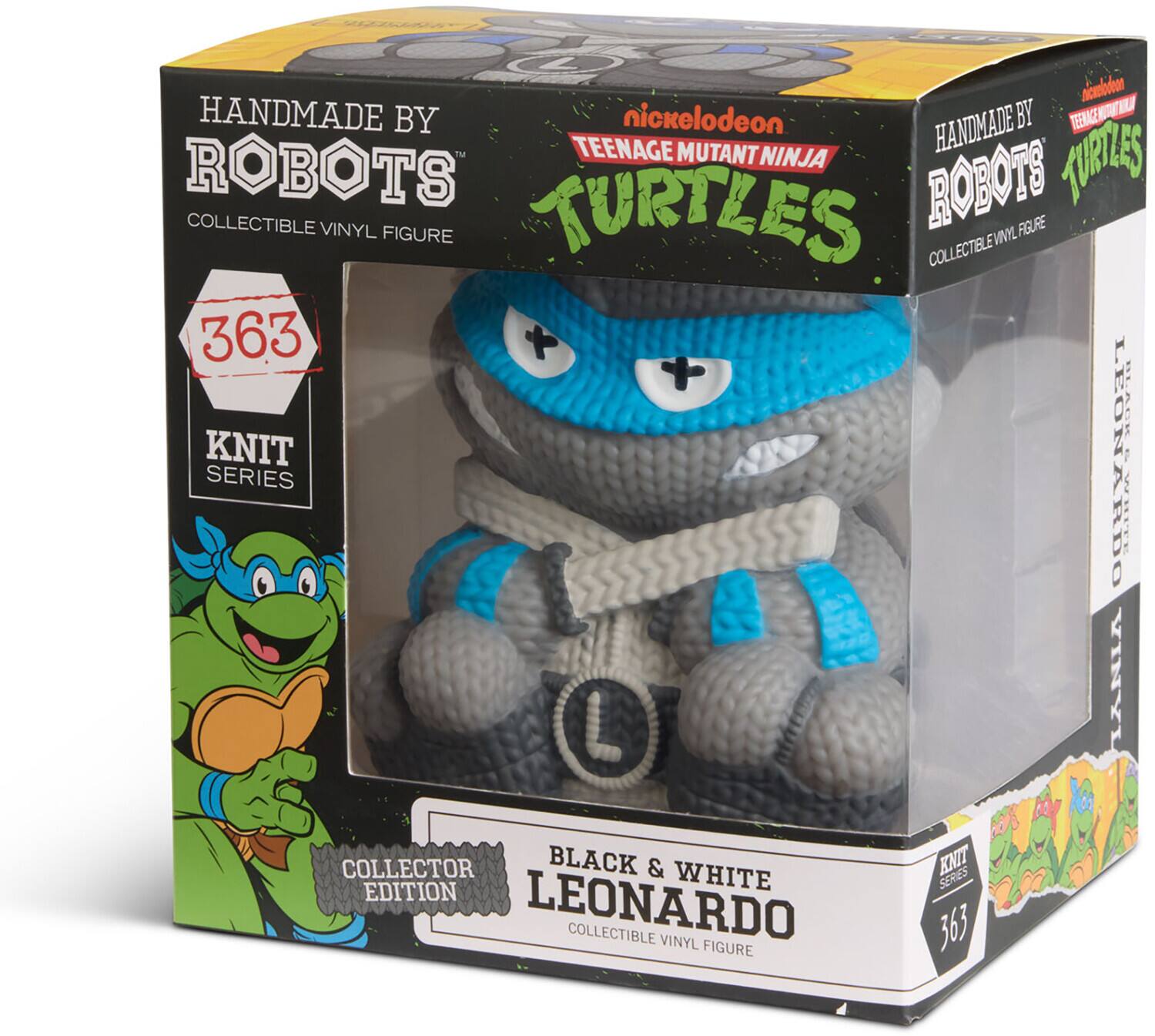 HANDMADE BY nickelodeon TEENAGE MUTANT NINJA TURTLES ROBOTS COLLECTIBLE VINYL FIGURE 363 + APE KNIT LEONARDO BLACK & WHITE SERIES COLLECTOR EDITION LEONARDO COLLECTIBLE VINYL FIGURE KNIT SERIES