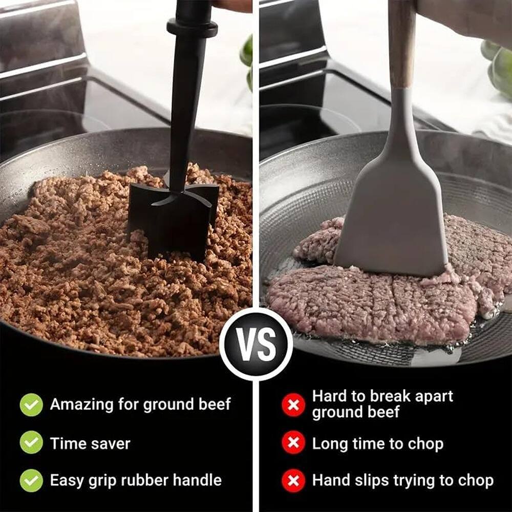 **Left Side:**

- Amazing for ground beef
- Time saver
- Easy grip rubber handle

**Right Side:**

- Hard to break apart ground beef
- Long time to chop
- Hand slips trying to chop