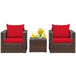Kadyn - 3 Pcs Patio Conversation Rattan Furniture Set with Coffee Table and Cushions - Red