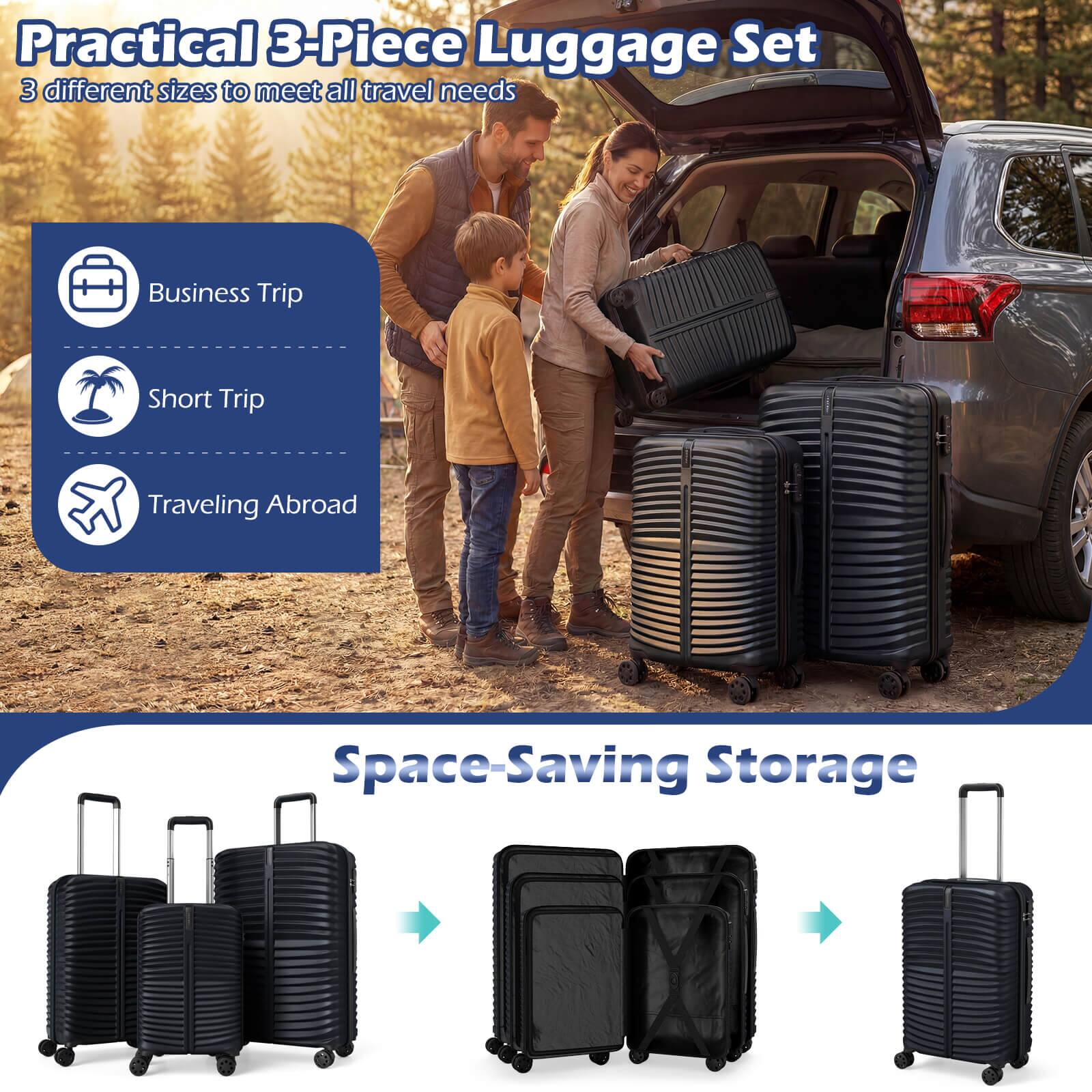 Practical 3-Piece Luggage Set  
3 different sizes to meet all travel needs  

- Business Trip  
- Short Trip  
- Traveling Abroad  

Space-Saving Storage