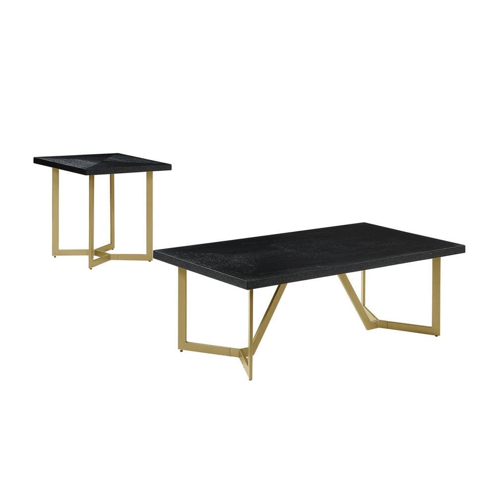 Best Quality Furniture - 2pc wood top coffee set w/gold color iron base (coffee+end table) - Black