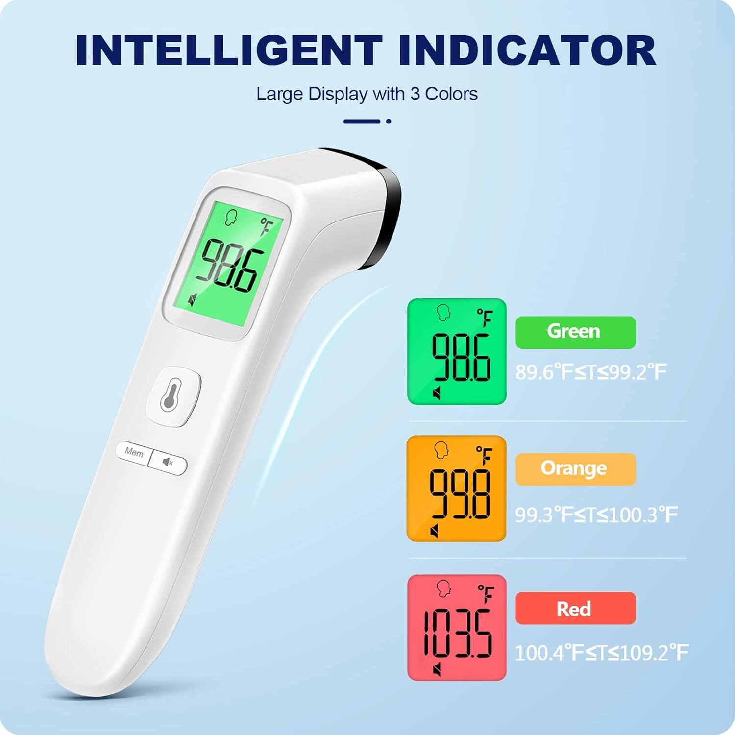 INTELLIGENT INDICATOR  
Large Display with 3 Colors

Green  
89.6°F ≤ T ≤ 99.2°F

Orange  
99.3°F ≤ T ≤ 100.3°F

Red  
100.4°F ≤ T ≤ 109.2°F