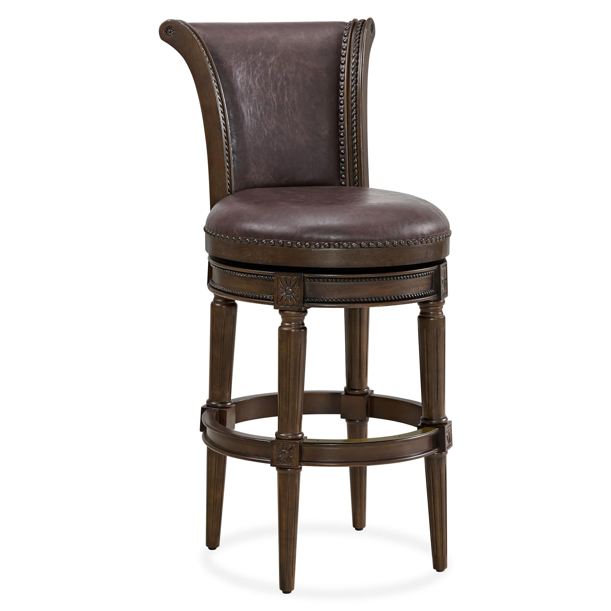 ROME + OAK - Runyan Bar Stool, Dark Walnut Finish with Vintage Vegan Leather - Brown
