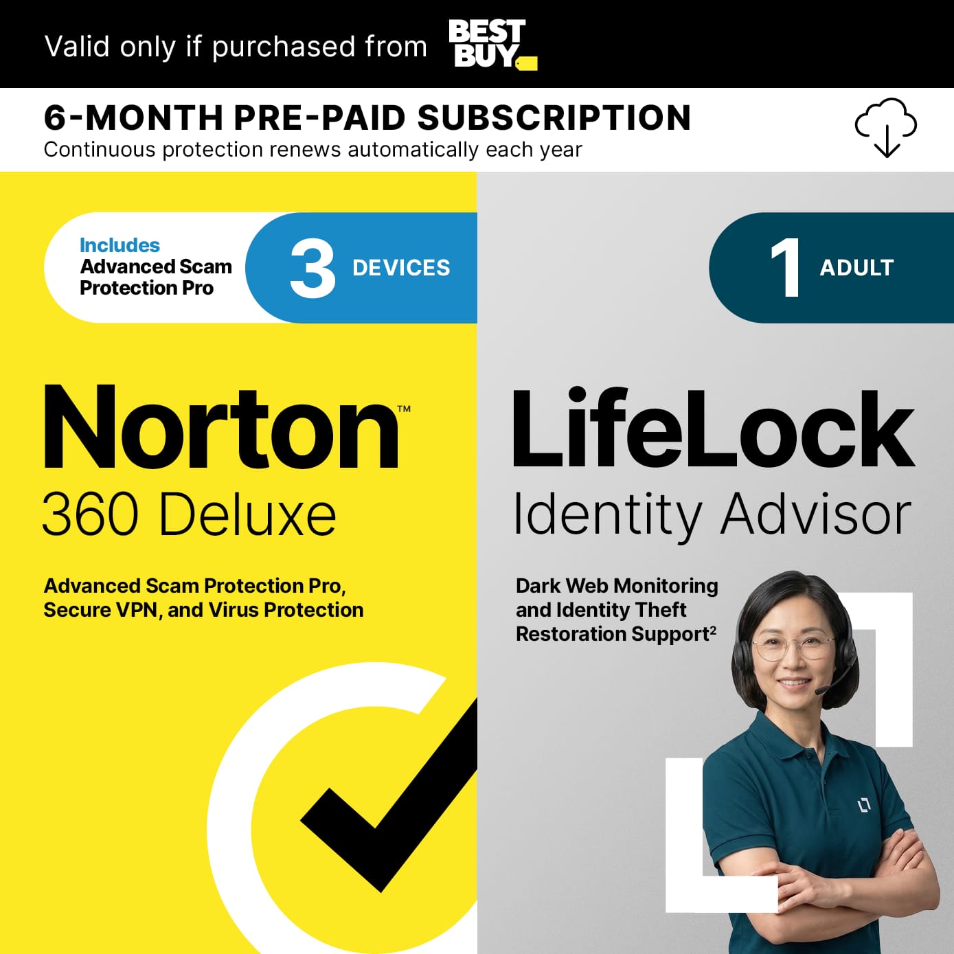 Norton - 360 (3 Device) with LifeLock Identity Advisor (1 Adult) Internet Security + Scam Protection + VPN (6 Month Subscription) - Android, Apple iOS, Mac OS, Windows [Digital]
