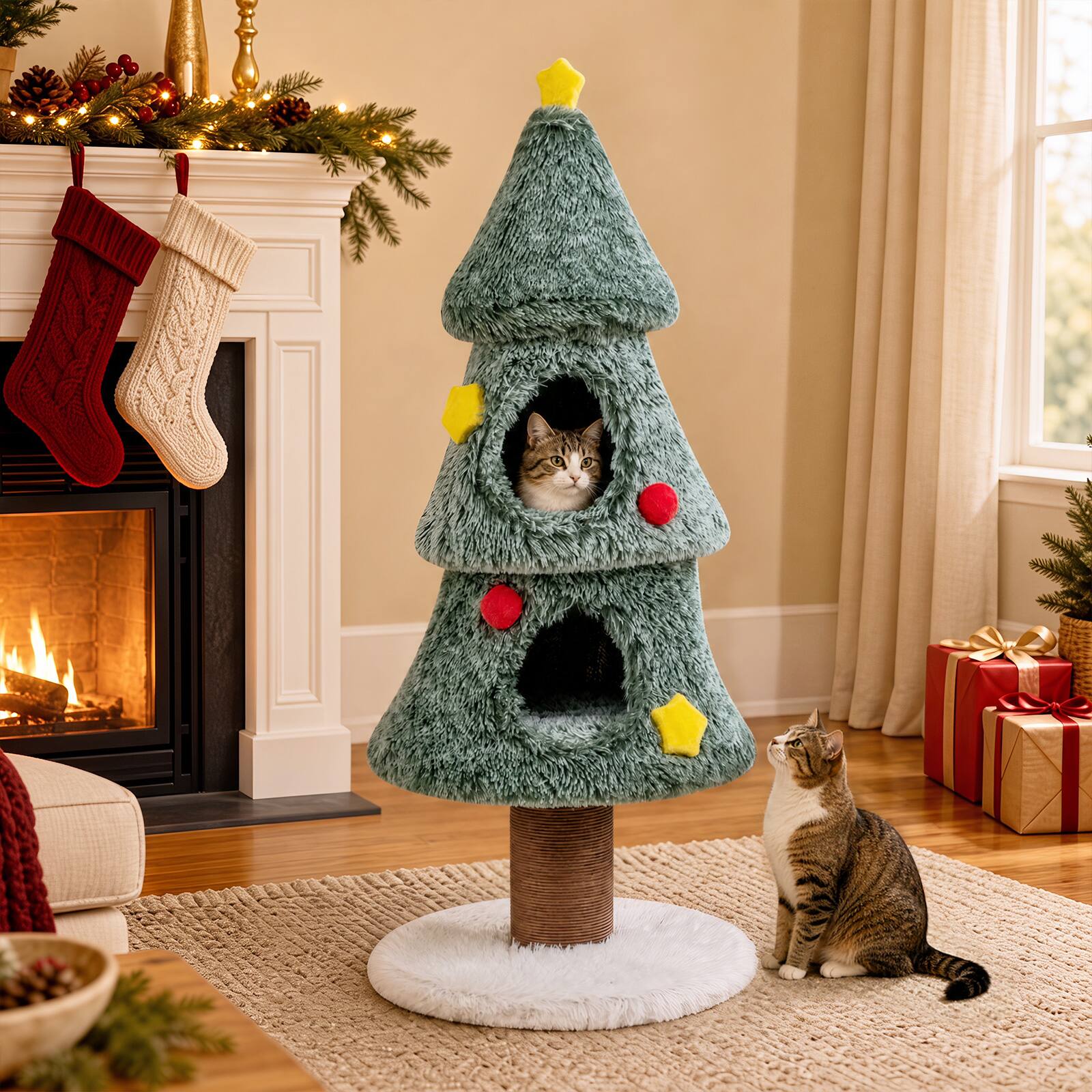 Alt View 1. Costway - Costway Christmas Cat Tree with 2 Condos, 50" Multi-level Cat Tower with Scratching Post - Green + White + Yellow + Red.