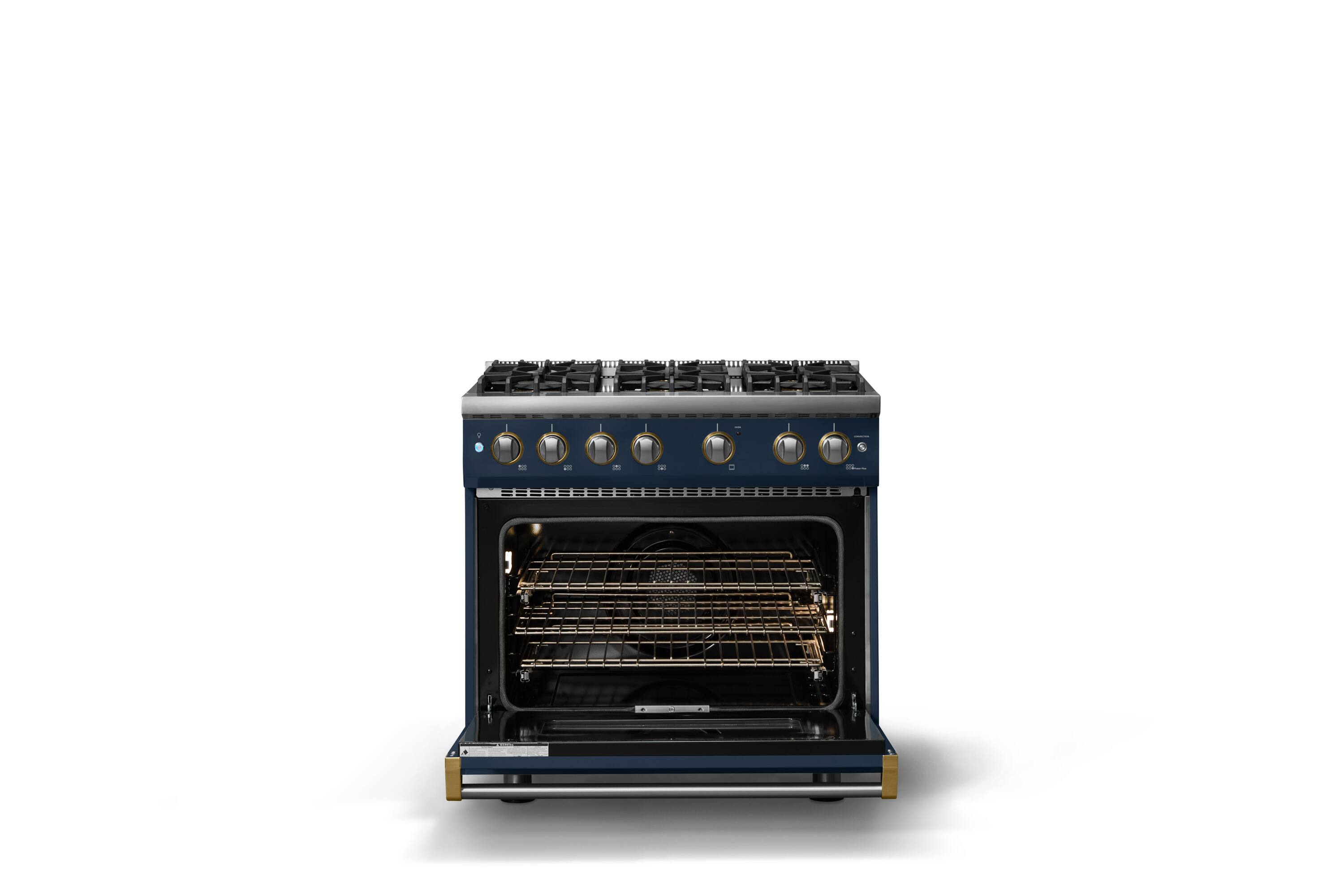 Alt View 2. Viking - Pro 5 Series 5.1 Cu. Ft. Freestanding Sealed 6 Burner Gas Convection Range - Damascus Gray w. Brushed Brass Trim - Slate Blue.