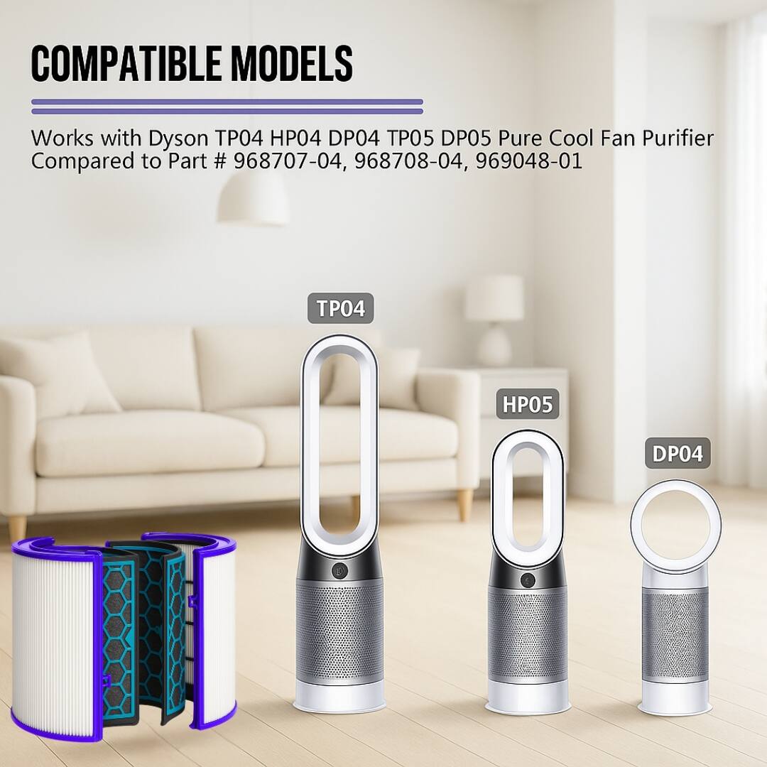 COMPATIBLE MODELS

Works with Dyson TP04 HP04 DP04 TP05 DP05 Pure Cool Fan Purifier

Compared to Part # 968707-04, 968708-04, 969048-01

TP04 HP05 DP04