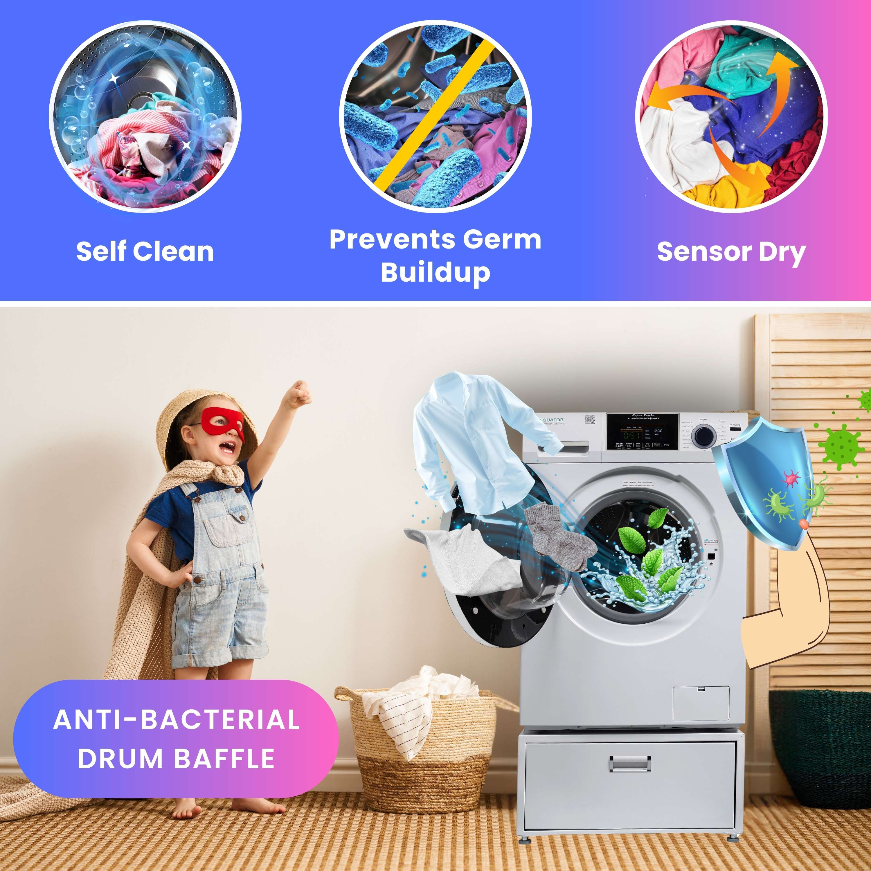 Self Clean  
Prevents Germ Buildup  
Sensor Dry  

ANTI-BACTERIAL DRUM BAFFLE