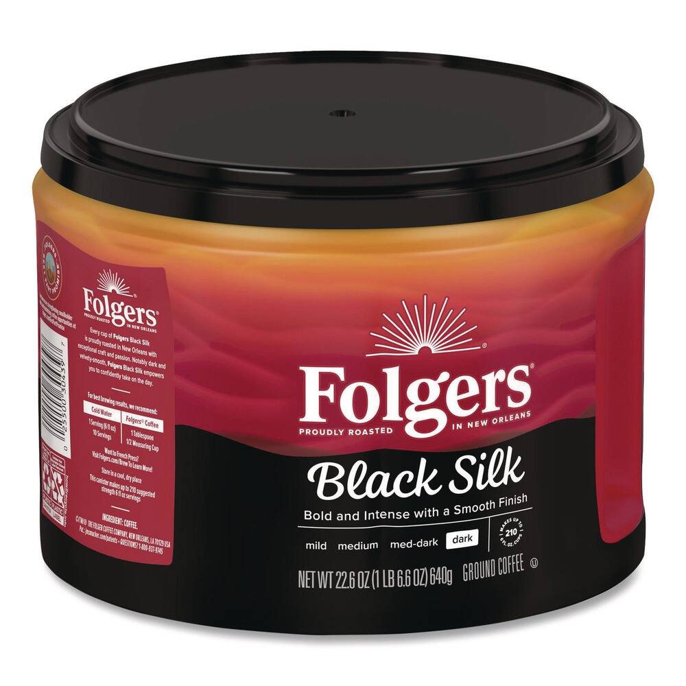 Folgers  
Proudly Roasted in New Orleans  
Black Silk  
Bold and Intense with a Smooth Finish  
Mild Medium Med-Dark Dark  
Net WT 22.6 OZ (1 LB 6.6 OZ) 640g  
Ground Coffee  

Every cup of Folgers Black Silk is a story of New Orleans with its rich, bold flavor and smooth finish. It's a blend of dark and medium roasts, crafted with passion and precision. Not too dark, not too light, just right for your morning ritual.  

Folgers Black Silk is a blend of dark and medium roasts, crafted with passion and precision. Not too dark, not too light, just right for your morning ritual.  

Folgers Black Silk is a blend of dark and medium roasts, crafted with passion and precision. Not too dark, not too light, just right for your morning ritual.  

Folgers Black Silk is a blend of dark and medium roasts, crafted with passion and precision. Not too dark, not too light, just right for your morning ritual.  

Folgers Black Silk is a blend of dark and medium roasts, crafted with passion and precision. Not too dark, not too light