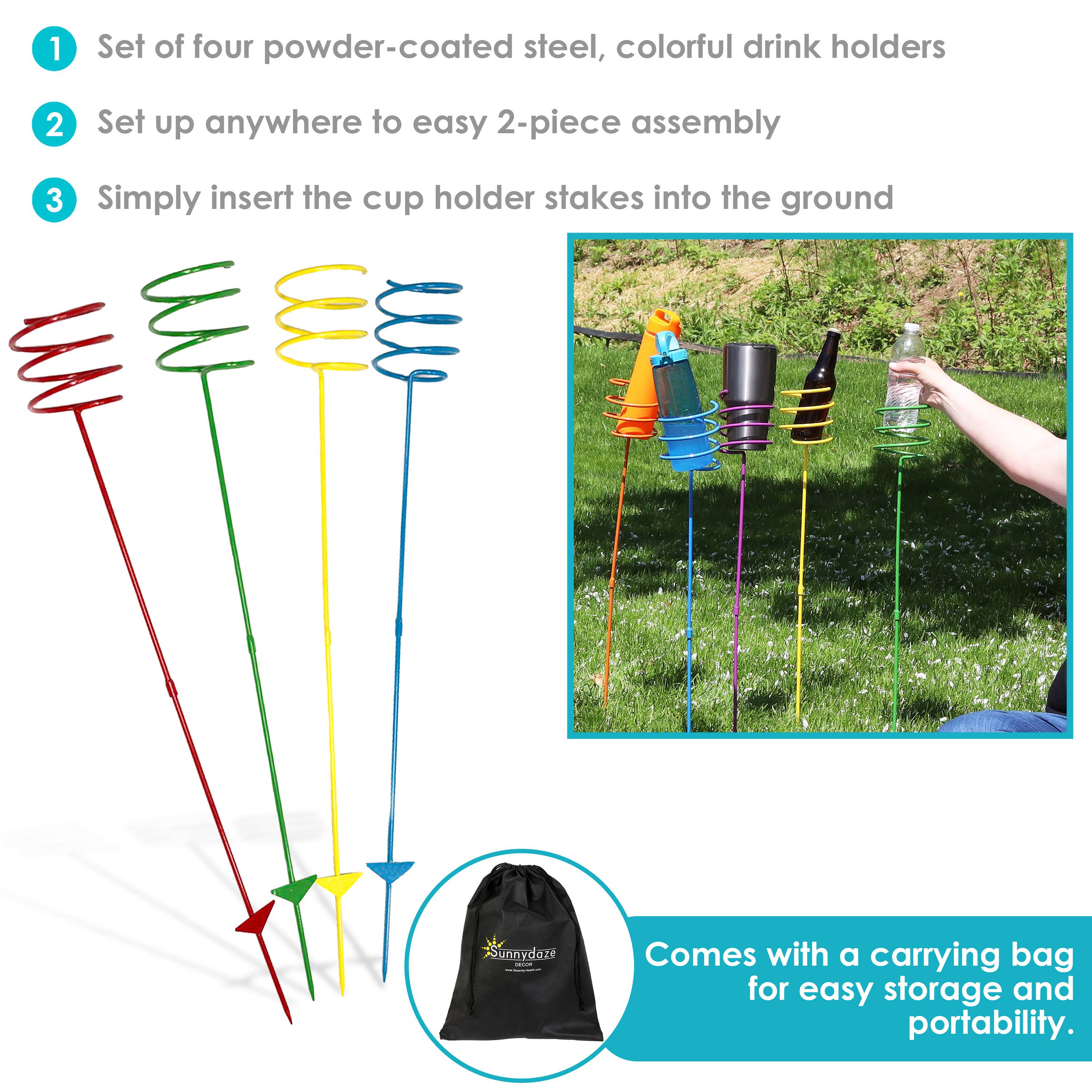 1. Set of four powder-coated steel, colorful drink holders
2. Set up anywhere for easy 2-piece assembly
3. Simply insert the cup holder stakes into the ground

Comes with a carrying bag for easy storage and portability.