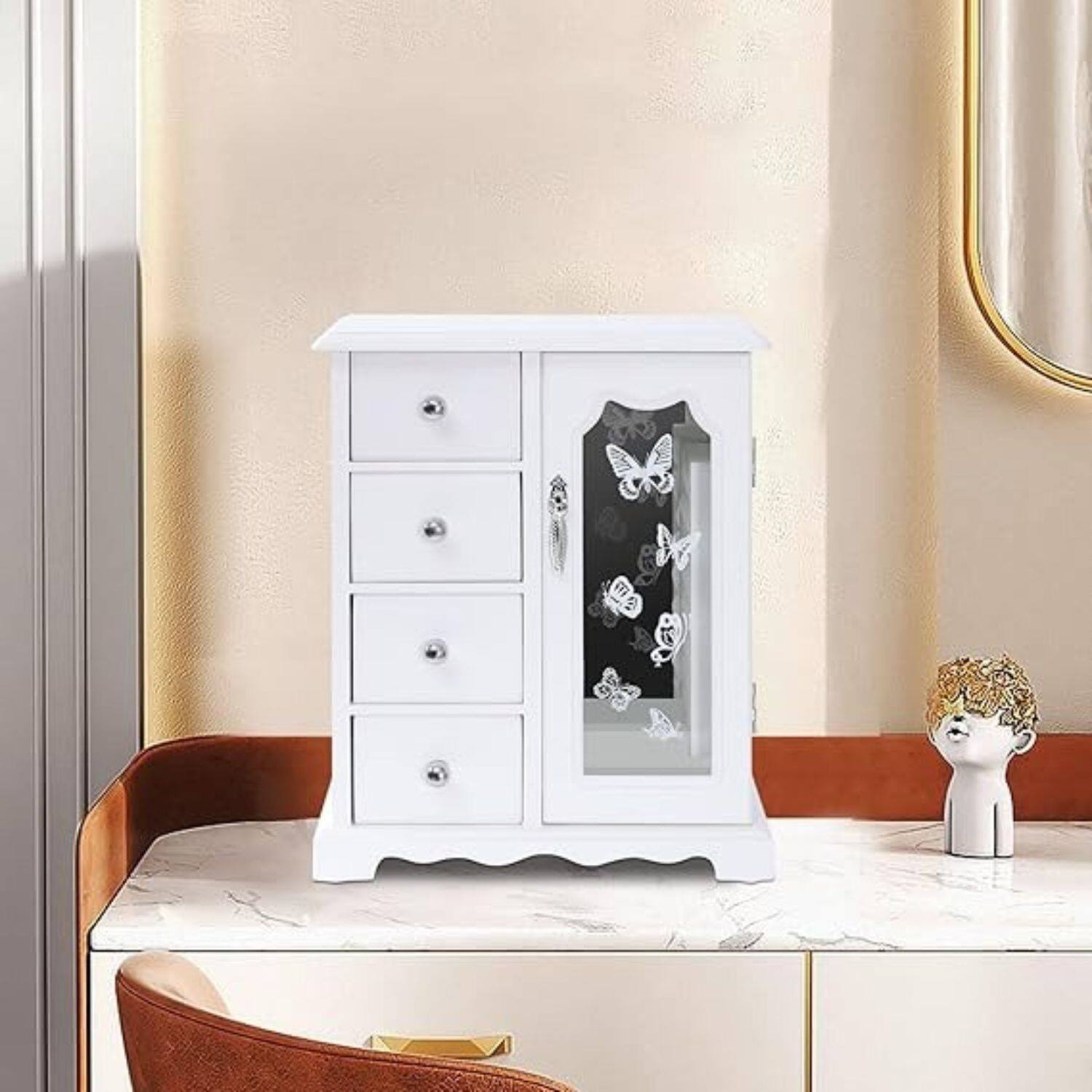 Back. Stock Preferred - White Wooden Jewelry Box with Mirror - White.