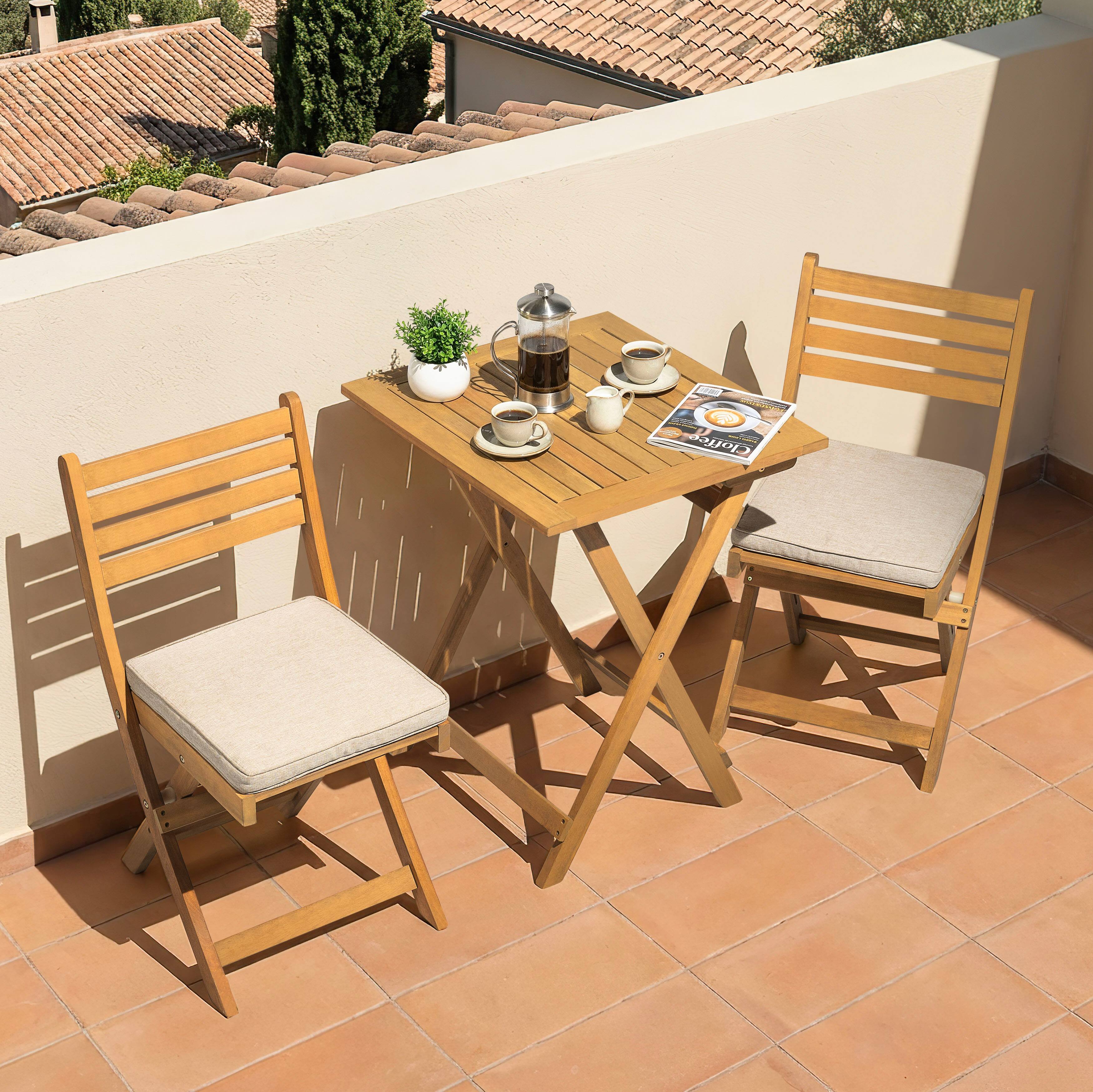 Alt View 6. Nuu Garden - Acacia Wood 3PCS Patio Bistro Set with Removable Cushions, Foldable Design - Natural.