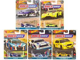 "Race Day" 5 piece Set "Car Culture" Series Diecast Model Cars by Hot Wheels - Purple, Blue, White, Yellow, Green