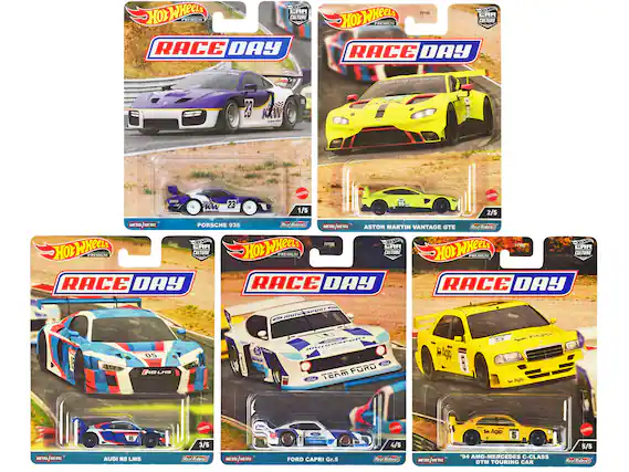 Sure, here is the corrected and grouped text from the image:
---
**Hot Wheels Premium Race Day**
1. **PORSCHE 935**
- 1/5
- Real Riders
- METAL | METAL
2. **ASTON MARTIN VANTAGE GTE**
- 2/5
- Real Riders
- METAL | METAL
3. **AUDI R8 LMS**
- 3/5
- Real Riders
- METAL | METAL
4. **FORD CAPRI Gr.5**
- 4/5
- Real Riders
- METAL | METAL
5. **'94 AMG-MERCEDES C-CLASS DTM TOURING CAR**
- 5/5
- Real Riders
- METAL | METAL
---
**Hot Wheels Premium Race Day**
**CAR CULTURE**
**Hot Wheels Premium Race Day**
**Hot Wheels Premium Race Day**
**Hot Wheels Premium Race Day**
**Hot Wheels Premium Race Day**
**Hot Wheels Premium Race Day**
**Hot Wheels Premium Race Day**
**Hot Wheels Premium Race Day**
**Hot Wheels Premium Race Day