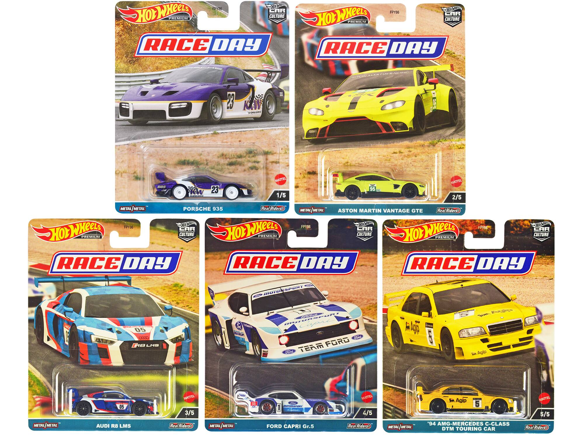 Sure, here is the corrected and grouped text from the image:

---

**Hot Wheels Premium Race Day**

1. **PORSCHE 935**
   - 1/5
   - Real Riders
   - METAL | METAL

2. **ASTON MARTIN VANTAGE GTE**
   - 2/5
   - Real Riders
   - METAL | METAL

3. **AUDI R8 LMS**
   - 3/5
   - Real Riders
   - METAL | METAL

4. **FORD CAPRI Gr.5**
   - 4/5
   - Real Riders
   - METAL | METAL

5. **'94 AMG-MERCEDES C-CLASS DTM TOURING CAR**
   - 5/5
   - Real Riders
   - METAL | METAL

---

**Hot Wheels Premium Race Day**

**CAR CULTURE**

**Hot Wheels Premium Race Day**

**Hot Wheels Premium Race Day**

**Hot Wheels Premium Race Day**

**Hot Wheels Premium Race Day**

**Hot Wheels Premium Race Day**

**Hot Wheels Premium Race Day**

**Hot Wheels Premium Race Day**

**Hot Wheels Premium Race Day
