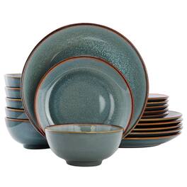 Elama - Betty 18 Piece Stoneware Dinnerware Set with Brown Rim, Service for 6 - Blue