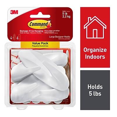 3M Command  
Damage-Free Hanging  
5 lb / 2.2 kg  
Large Designer Hooks  
6 Hooks  
Value Pack  
Organize Indoors  
Holds 5 lbs