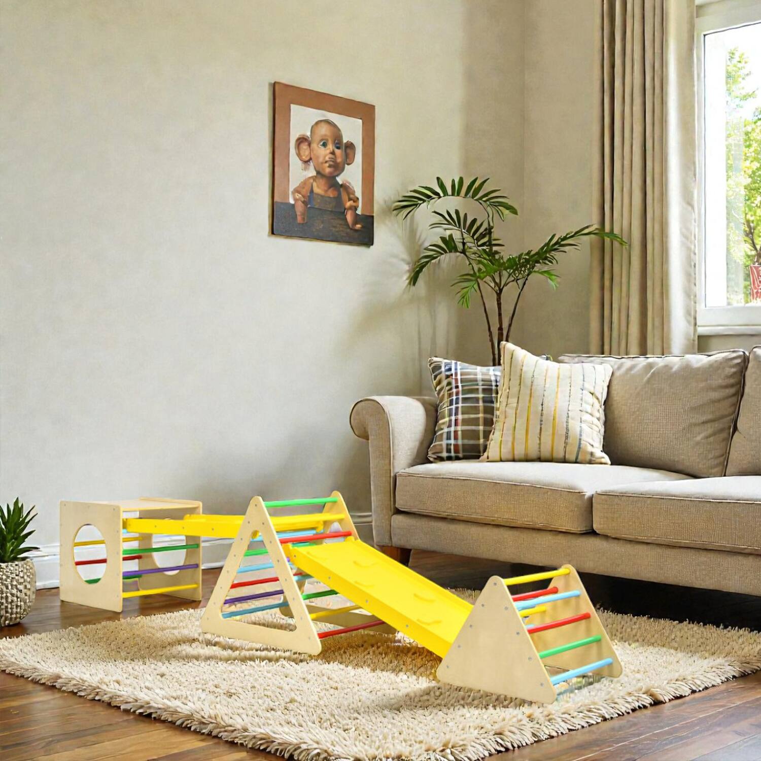 Front. BreeBe - 5-in-1 Children's Climber Gym with Triangle Structure and Two Accessible Ramps - Natural.