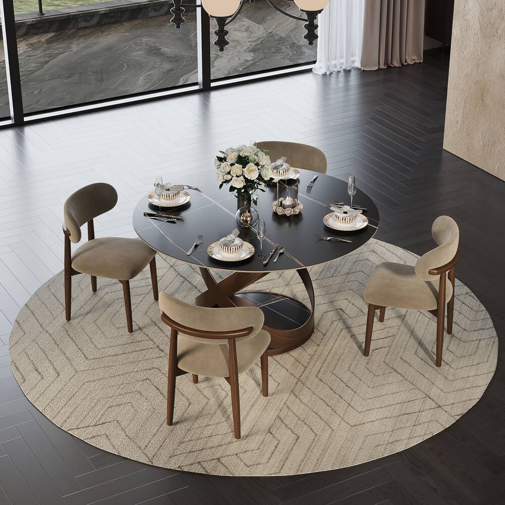 POVISON - 51" Modern Black Round Dining Table for 4, Matte Sintered Stone Tabletop with Bronze X Carbon Steel Base - Black Matte Sintered Stone with Bronze