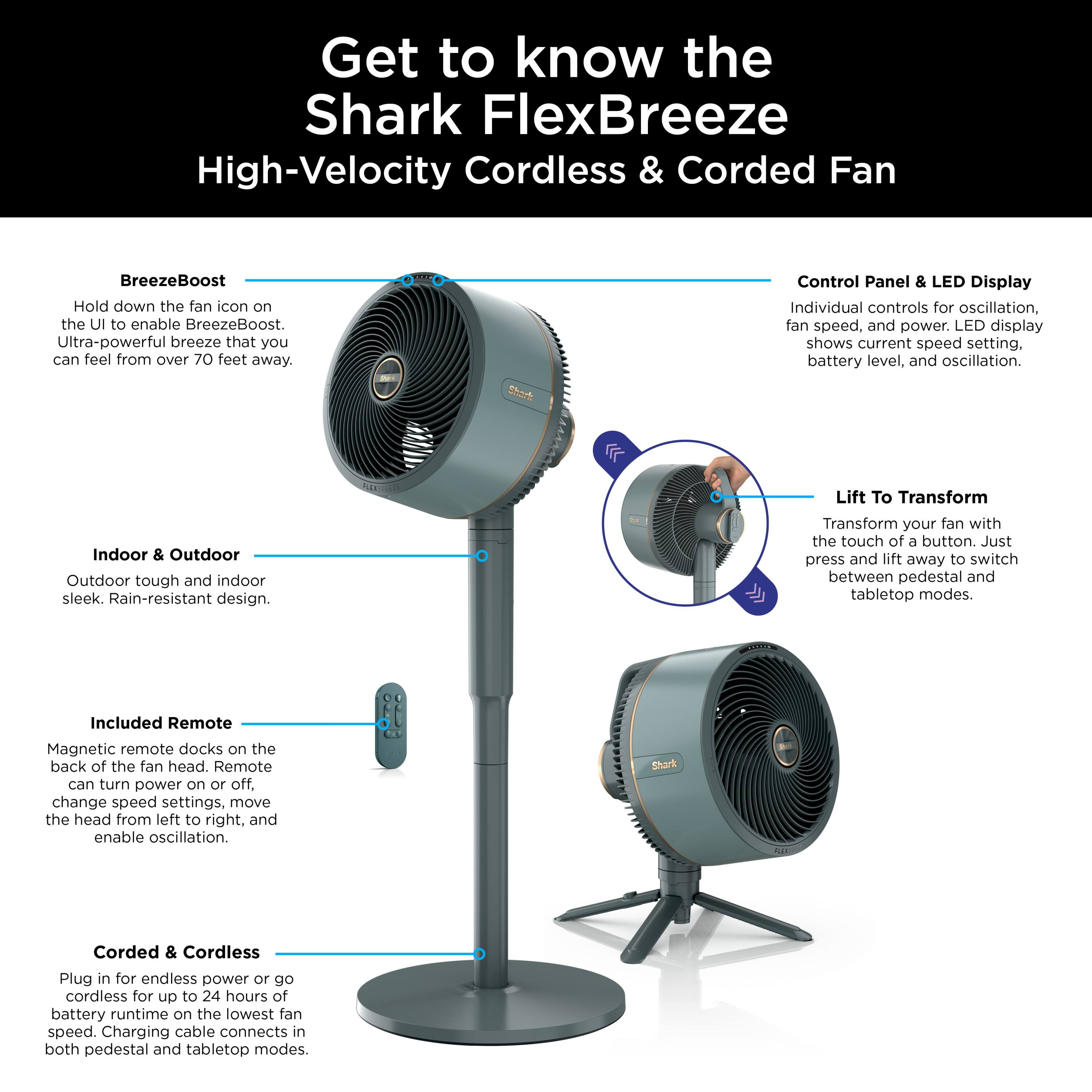 Get to know the Shark FlexBreeze High-Velocity Cordless & Corded Fan

BreezeBoost
Hold down the fan icon on the UI to enable BreezeBoost. Ultra-powerful breeze that you can feel from over 70 feet away.

Control Panel & LED Display
Individual controls for oscillation, fan speed, and power. LED display shows current speed setting, battery level, and oscillation.

Indoor & Outdoor
Outdoor tough and indoor sleek. Rain-resistant design.

Lift To Transform
Transform your fan with the touch of a button. Just press and lift away to switch between pedestal and tabletop modes.

Included Remote
Magnetic remote docks on the back of the fan head. Remote can turn power on or off, change speed settings, move the head from left to right, and enable oscillation.

Corded & Cordless
Plug in for endless power or go cordless for up to 24 hours of battery runtime on the lowest fan speed. Charging cable connects in both pedestal and tabletop modes.