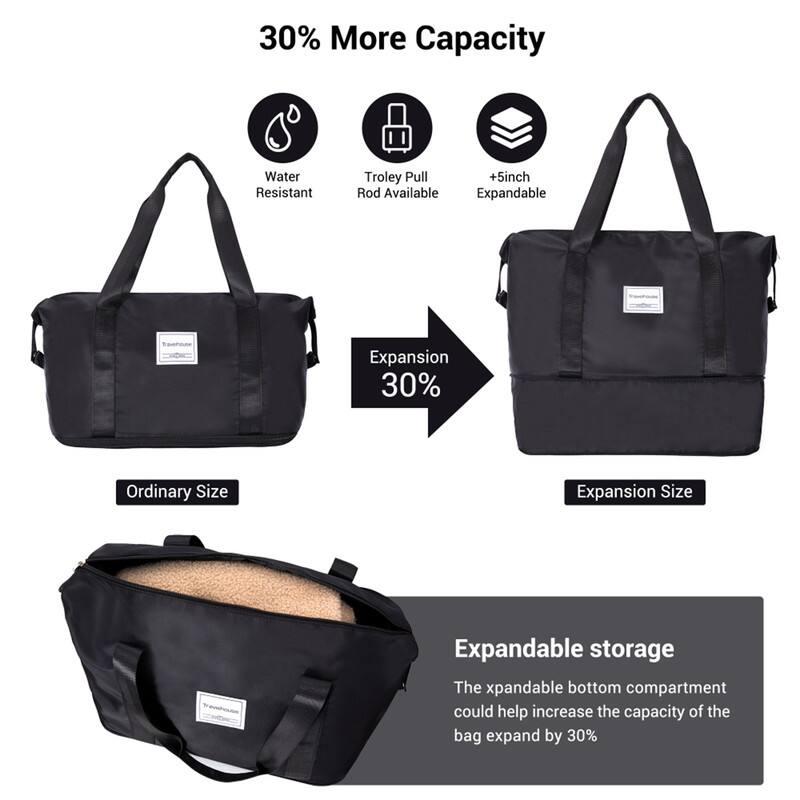 30% More Capacity

- Water Resistant
- Trolley Pull Rod Available
- +5inch Expandable

Ordinary Size → Expansion Size (30% Expansion)

Expandable storage

The expandable bottom compartment could help increase the capacity of the bag by 30%.