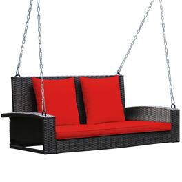 Costway - 2-Person Patio Rattan Hanging Porch Swing Bench Chair Cushion - Red