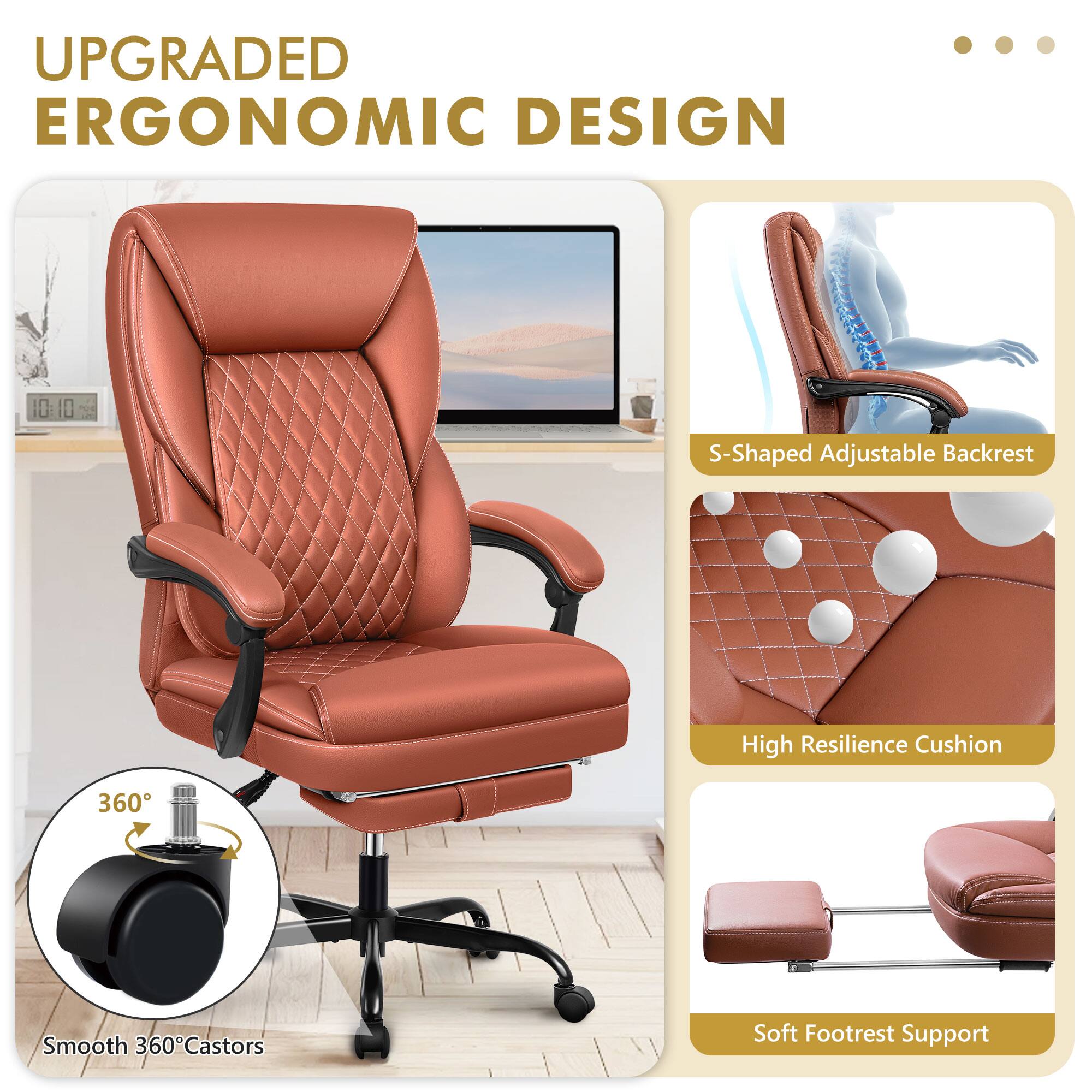 UPGRADED ERGONOMIC DESIGN

- S-Shaped Adjustable Backrest
- High Resilience Cushion
- Smooth 360° Castors
- Soft Footrest Support