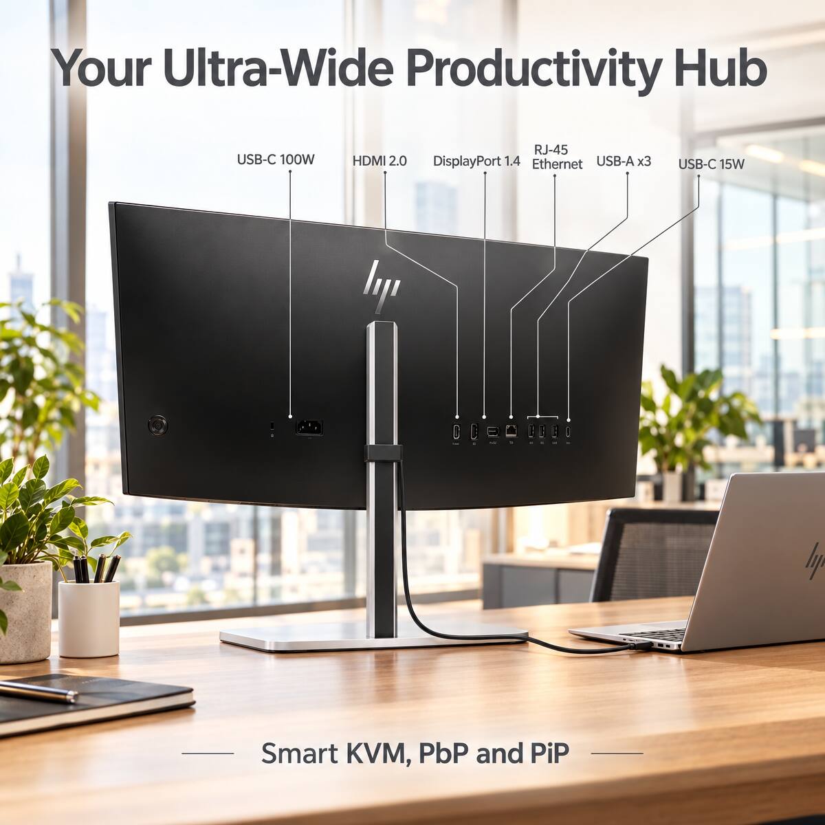 Your Ultra-Wide Productivity Hub

USB-C 100W  
HDMI 2.0  
DisplayPort 1.4  
RJ-45  
Ethernet  
USB-A x3  
USB-C 15W  

Smart KVM, PbP and PiP