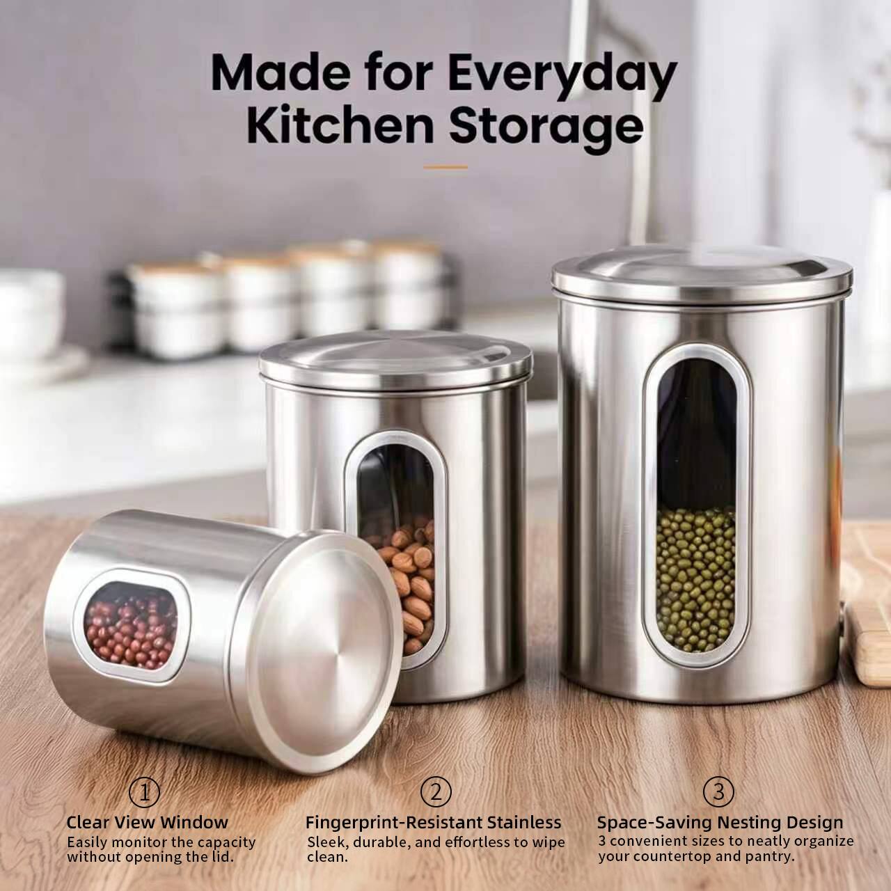 Made for Everyday Kitchen Storage

1. Clear View Window
   Easily monitor the capacity without opening the lid.

2. Fingerprint-Resistant Stainless
   Sleek, durable, and effortless to wipe

3. Space-Saving Nesting Design
   3 convenient sizes to neatly organize your countertop and pantry.