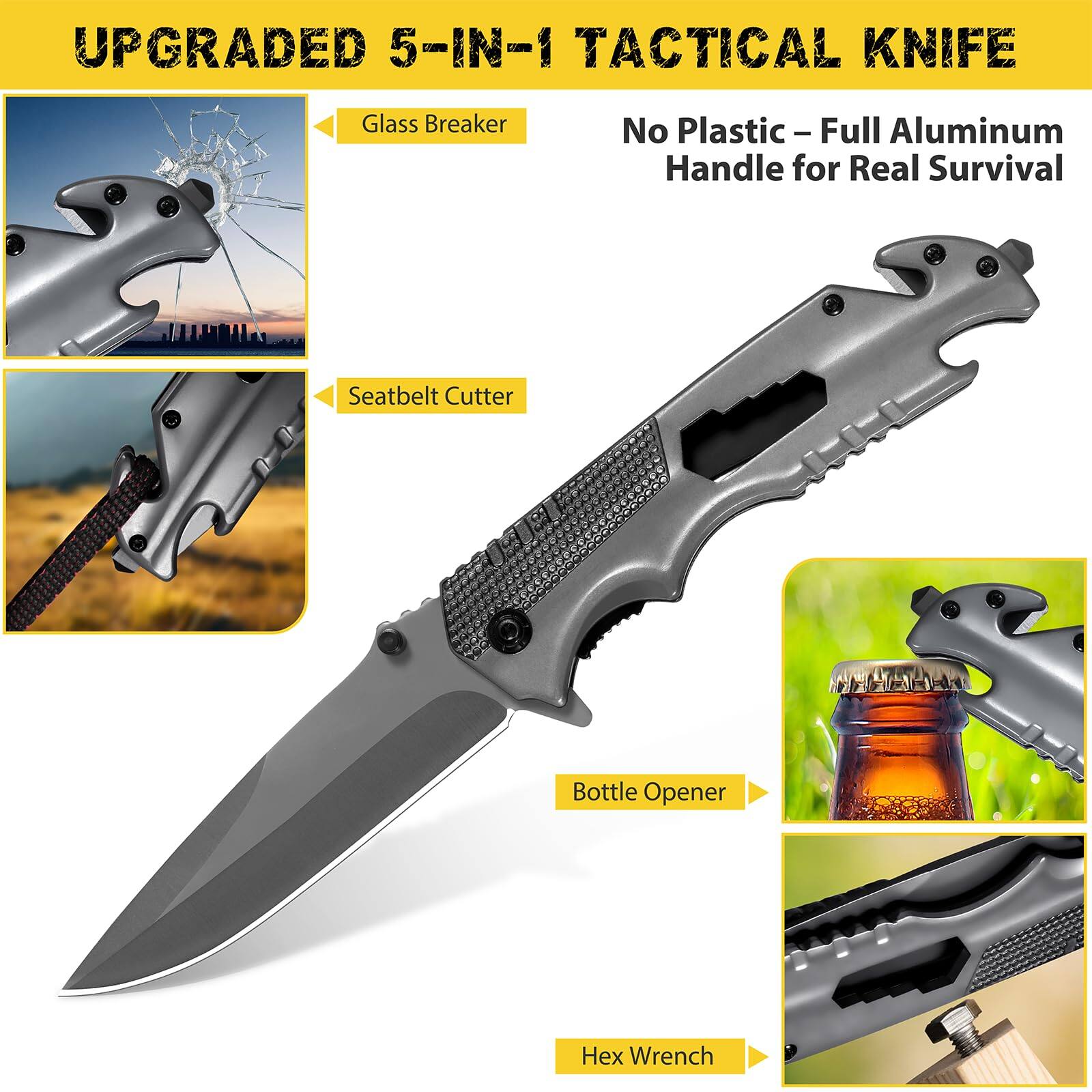 UPGRADED 5-IN-1 TACTICAL KNIFE

- Glass Breaker
- Seatbelt Cutter
- Bottle Opener
- Hex Wrench

No Plastic – Full Aluminum Handle for Real Survival