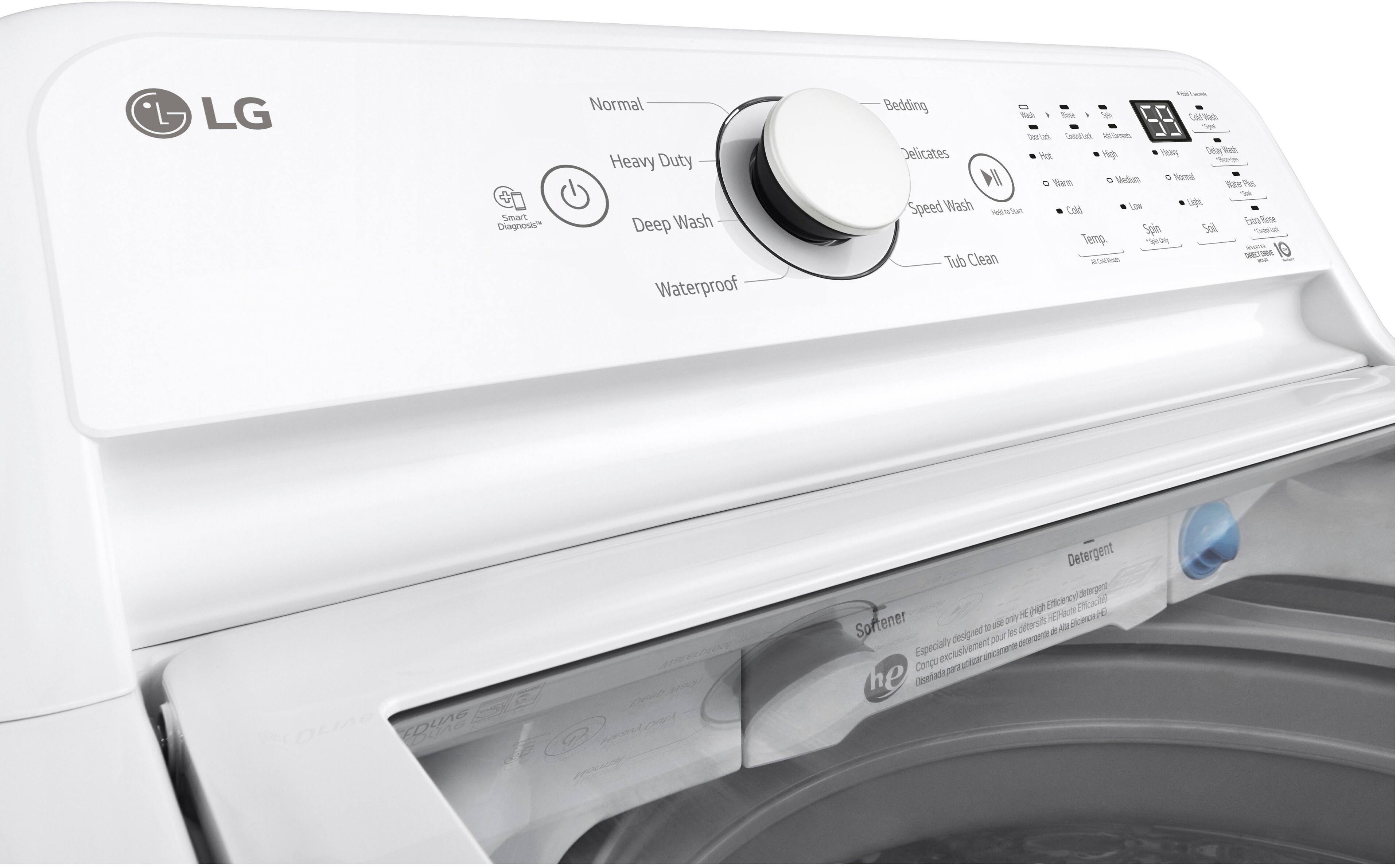 LG Smart Diagnosis  
Normal  
Heavy Duty  
Deep Wash  
Waterproof  
Bedding  
Delicates  
Speed Wash  
Tub Clean  

Wash  
- Normal  
- Heavy  
- Delicates  
- Bedding  
- Speed Wash  
- Tub Clean  

Rinse  
- High  
- Normal  
- Low  

Spin  
- High  
- Normal  
- Low  

Soil  
- Heavy  
- Normal  
- Light  

Temp  
- Hot  
- Warm  
- Cold  

Speed  
- High  
- Normal  
- Low  

Extra Rinse  
- On  
- Off  

Detergent  
- Designed to use only HE (High Efficiency) detergent  

Softener  
- Designed to use only HE (High Efficiency) detergent  

1000 liters  

Designed for exclusive use with HE (High Efficiency) detergent