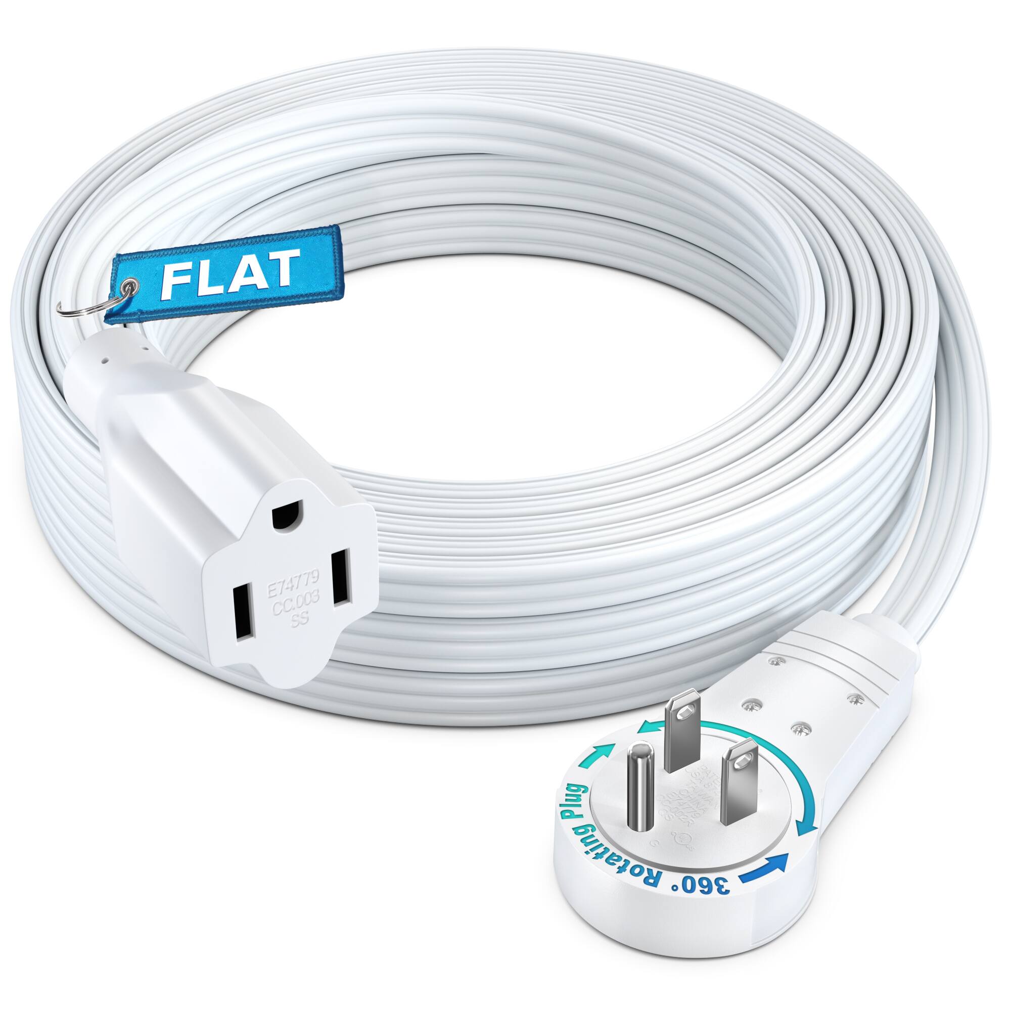 Maximm - 360° Rotating Flat Plug Extension Cord 15 feet Flat Cord Under Carpet with Slim Space-Saving Plug Design - White