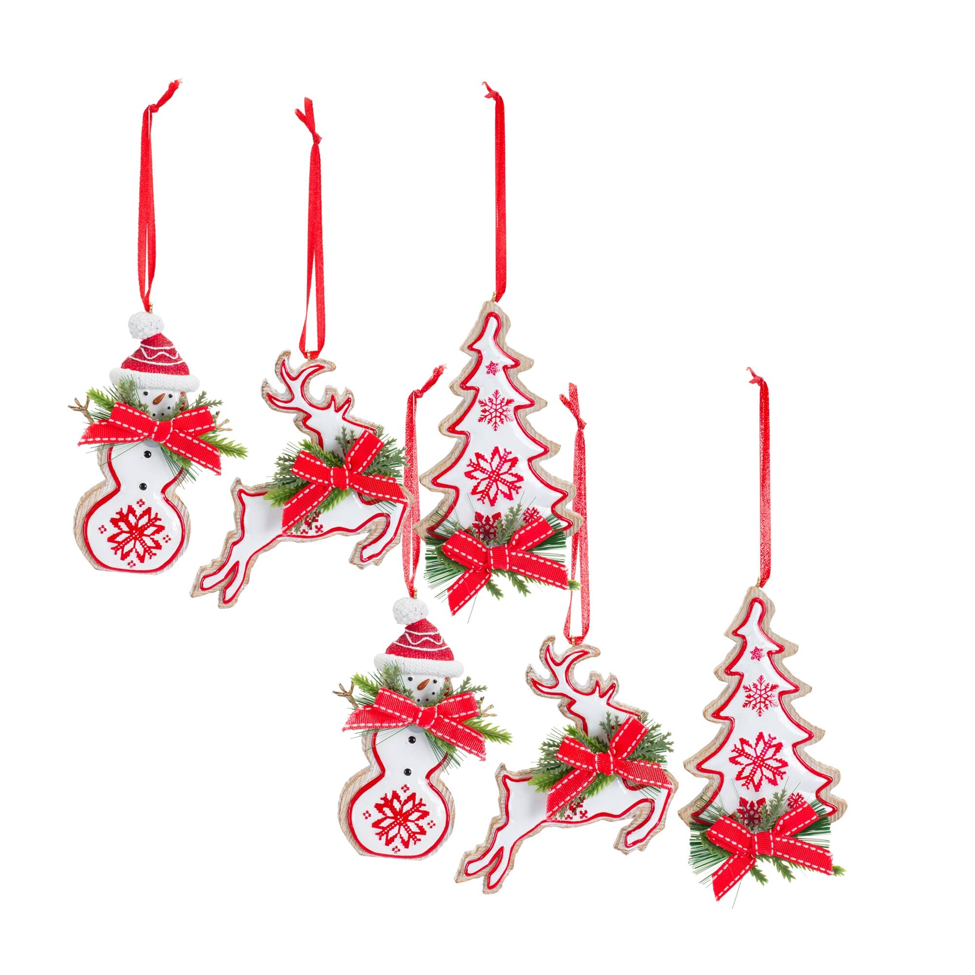 Front. BreeBe - Nordic Snowflake Character Tree Ornament with Pine Bow Accent (Set of 6) - White, Red, Green.