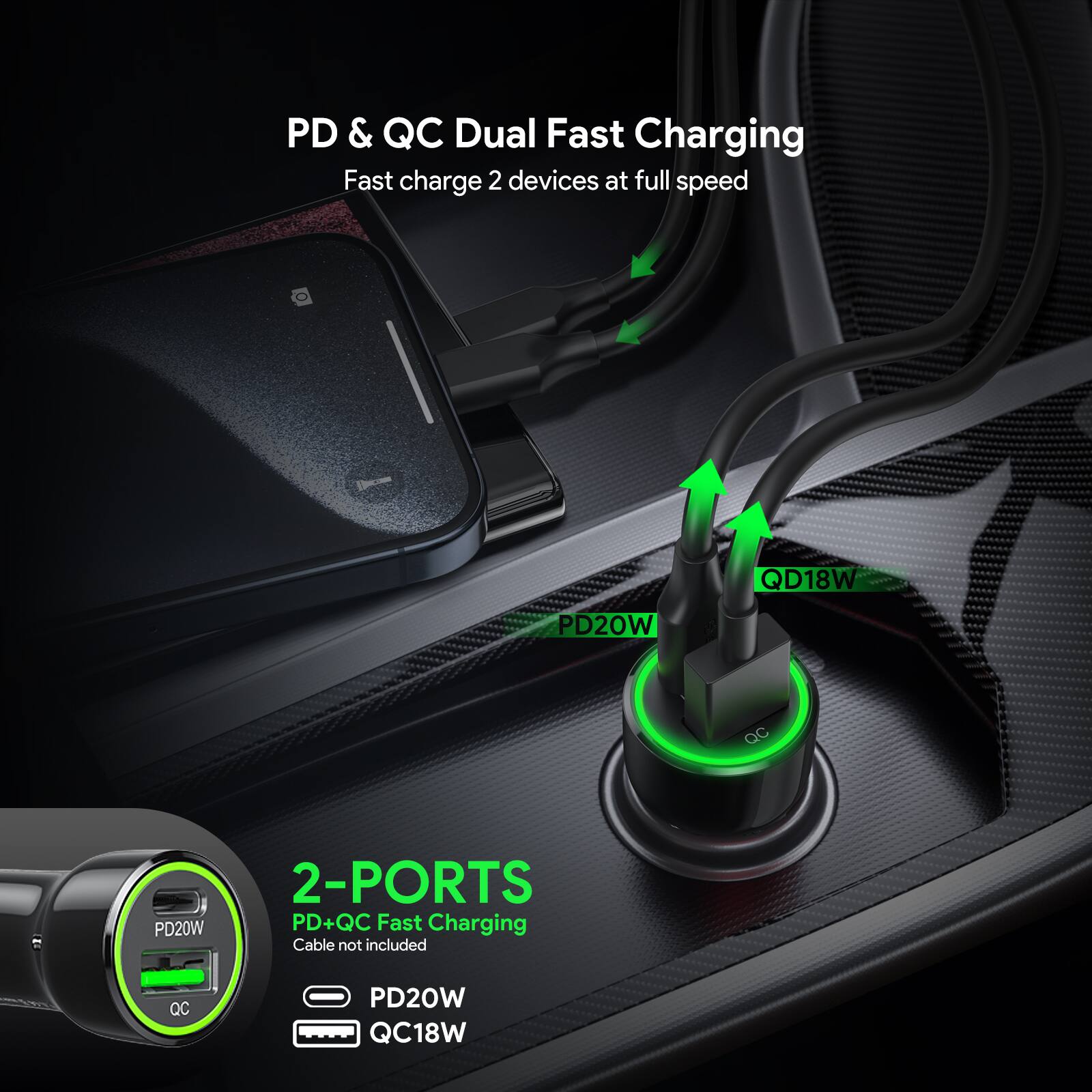 PD & QC Dual Fast Charging  
Fast charge 2 devices at full speed  

QD18W  
PD20W  
QC - PD20W  

2-PORTS  
PD+QC Fast Charging  
Cable not included  

PD20W  
QC18W