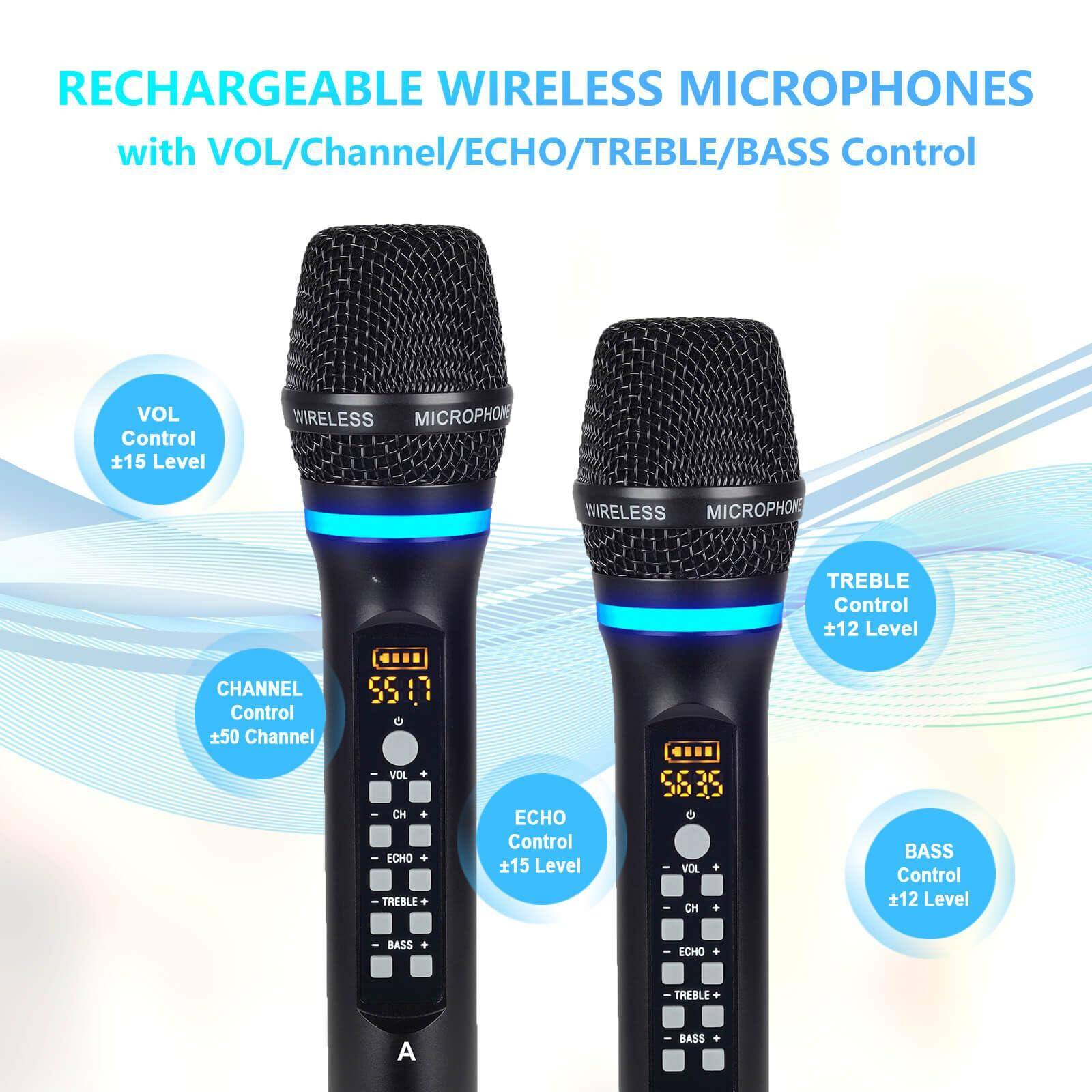 RECHARGEABLE WIRELESS MICROPHONES  
with VOL/Channel/ECHO/TREBLE/BASS Control  

- VOL Control ±15 Level  
- CHANNEL Control ±50 Channel  
- ECHO Control ±15 Level  
- TREBLE Control ±12 Level  
- BASS Control ±12 Level