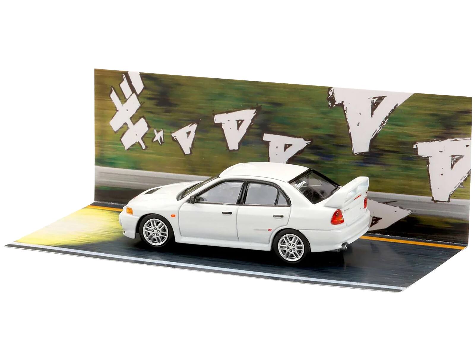 Alt View 4. Hobby Japan - Mitsubishi Lancer RS Evolution IV RHD "MonStar" White "Initial D" (1995-2013) Manga 1/64 Model Car by Hobby Japan.