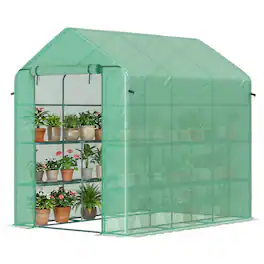 Outsunny - x 5' x 6' Walk-in Greenhouse for Outdoors with Mesh Door, 18 Shelf Hot House with Trellis