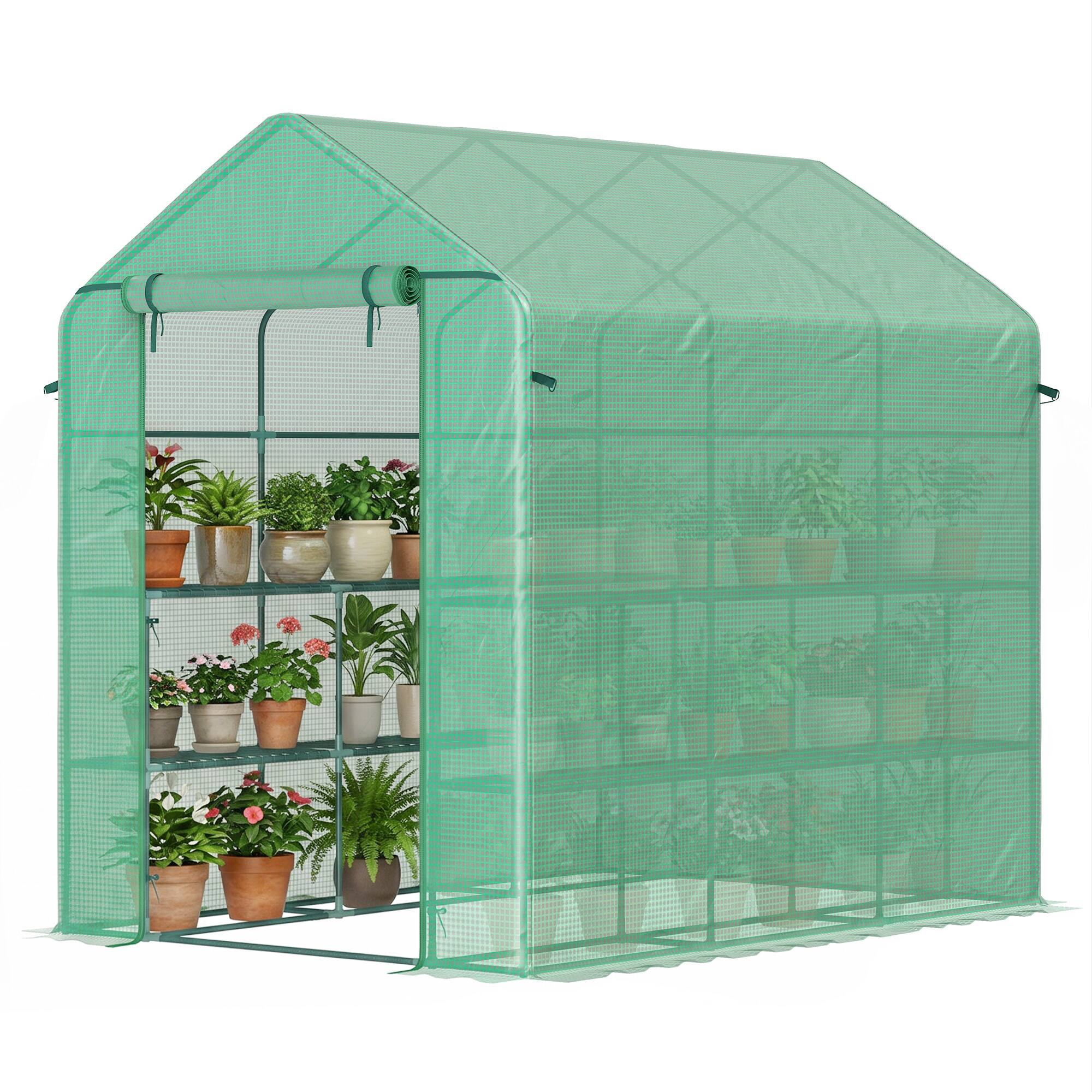 Front. Outsunny - x 5' x 6' Walk-in Greenhouse for Outdoors with Mesh Door, 18 Shelf Hot House with Trellis.