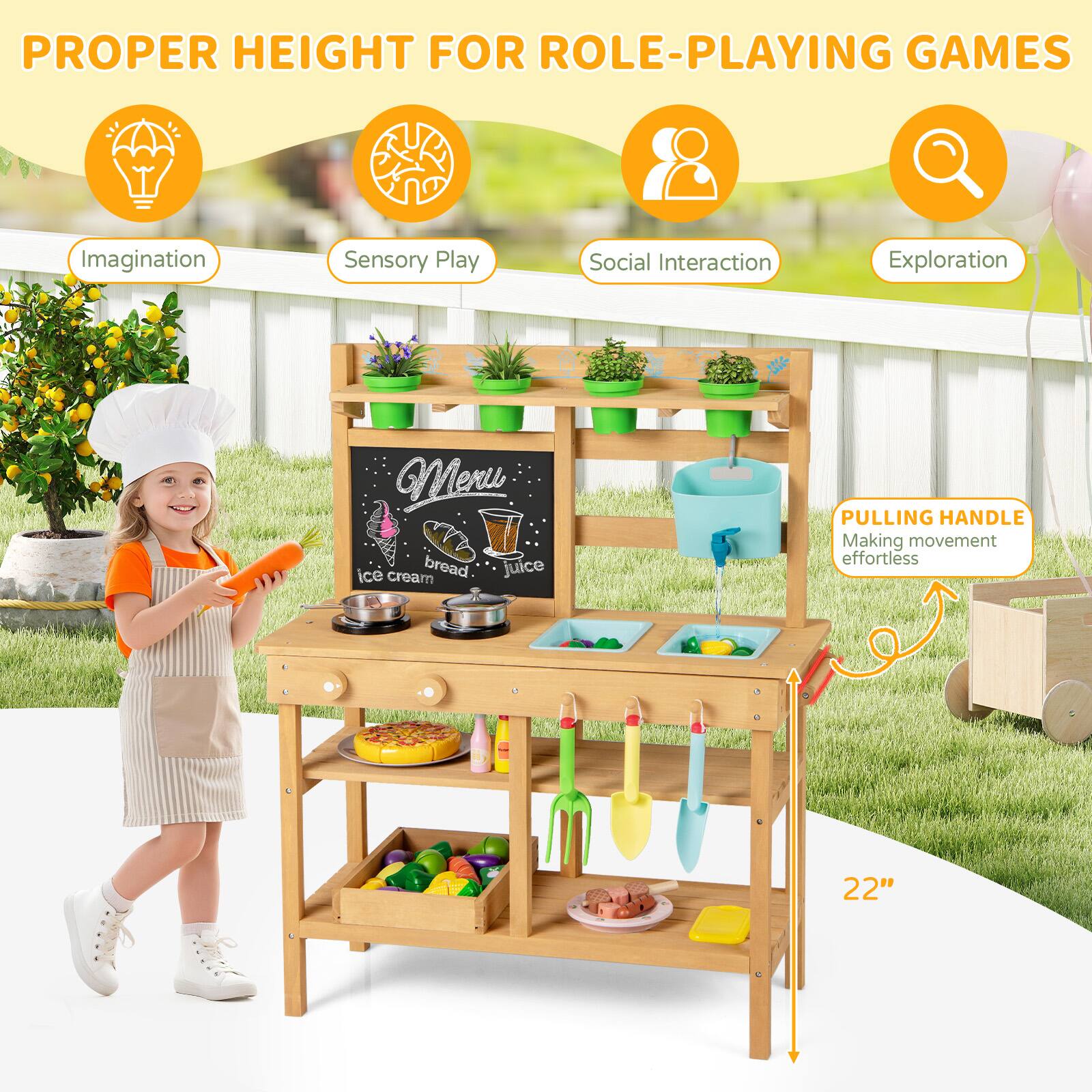 PROPER HEIGHT FOR ROLE-PLAYING GAMES

- Imagination
- Sensory Play
- Social Interaction
- Exploration

PULLING HANDLE
Making movement effortless

22"