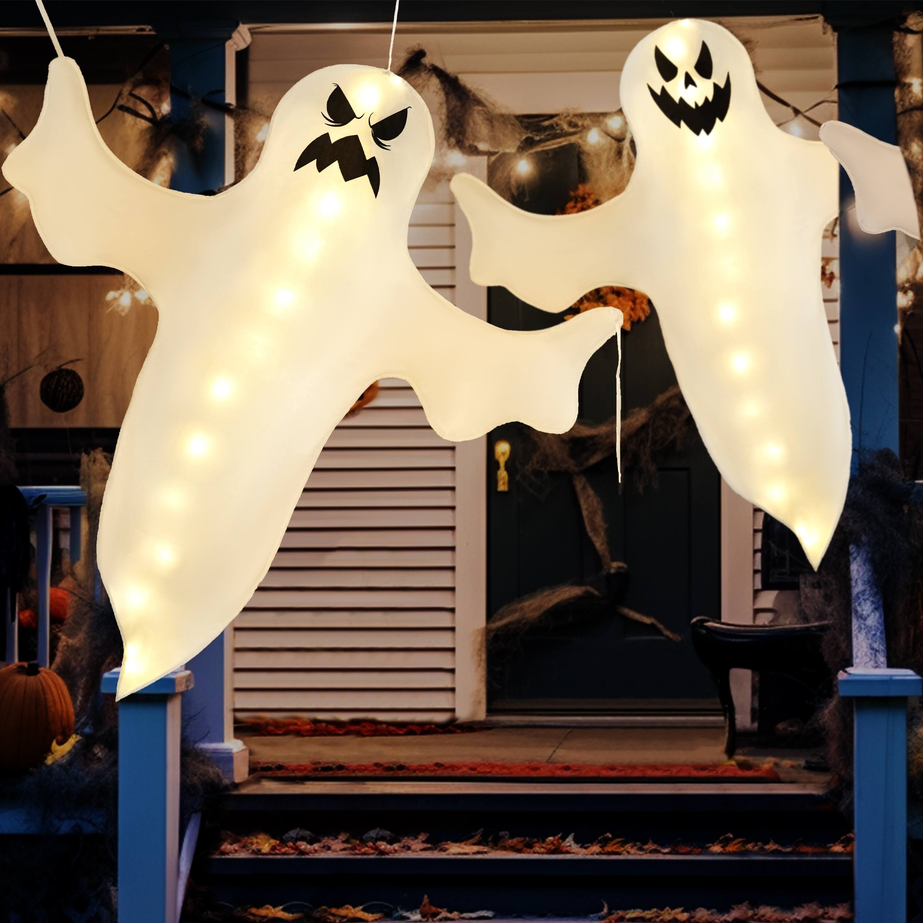 Front. Joyfy - 2Pcs 47" Light-Up Ghost Decorations for Halloween Warm LED Ghosts for Tree Wrap, Yard, Porch, Patio & Haunted House Prop - white.