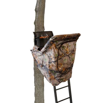 Front. Muddy - Muddy The Skybox Deluxe 20' Hunting Ladderstand, Climbing Tree Stand w/Blind Kit - Black.