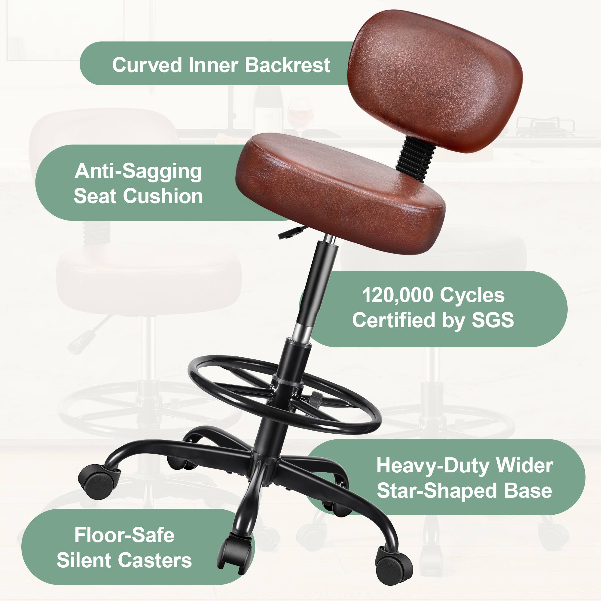 - Curved Inner Backrest
- Anti-Sagging Seat Cushion
- 120,000 Cycles Certified by SGS
- Heavy-Duty Wider Star-Shaped Base
- Floor-Safe Silent Casters