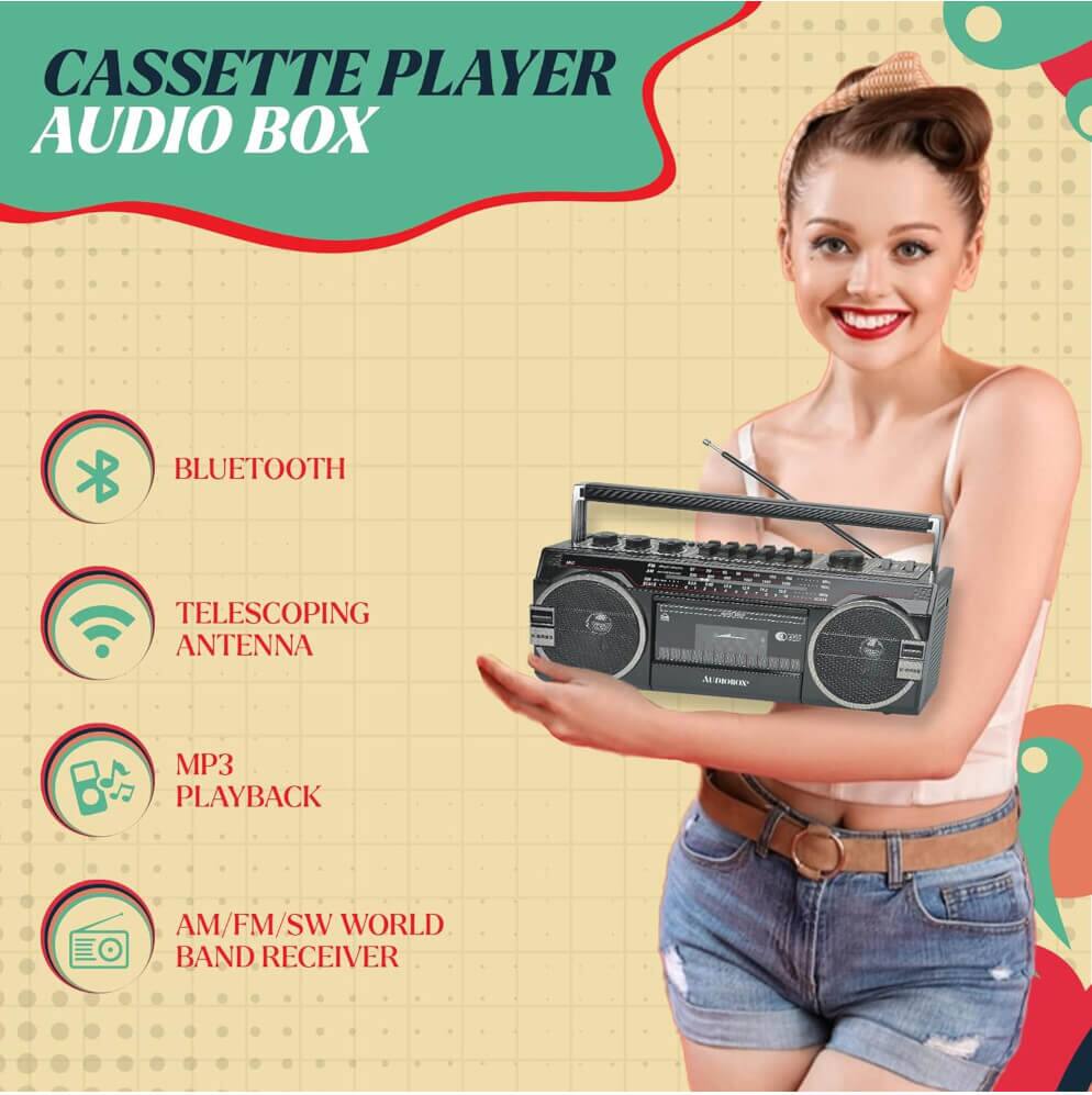 Cassette Player Audio Box

- Bluetooth
- Telescoping Antenna
- MP3 Playback
- AM/FM/SW World Band Receiver