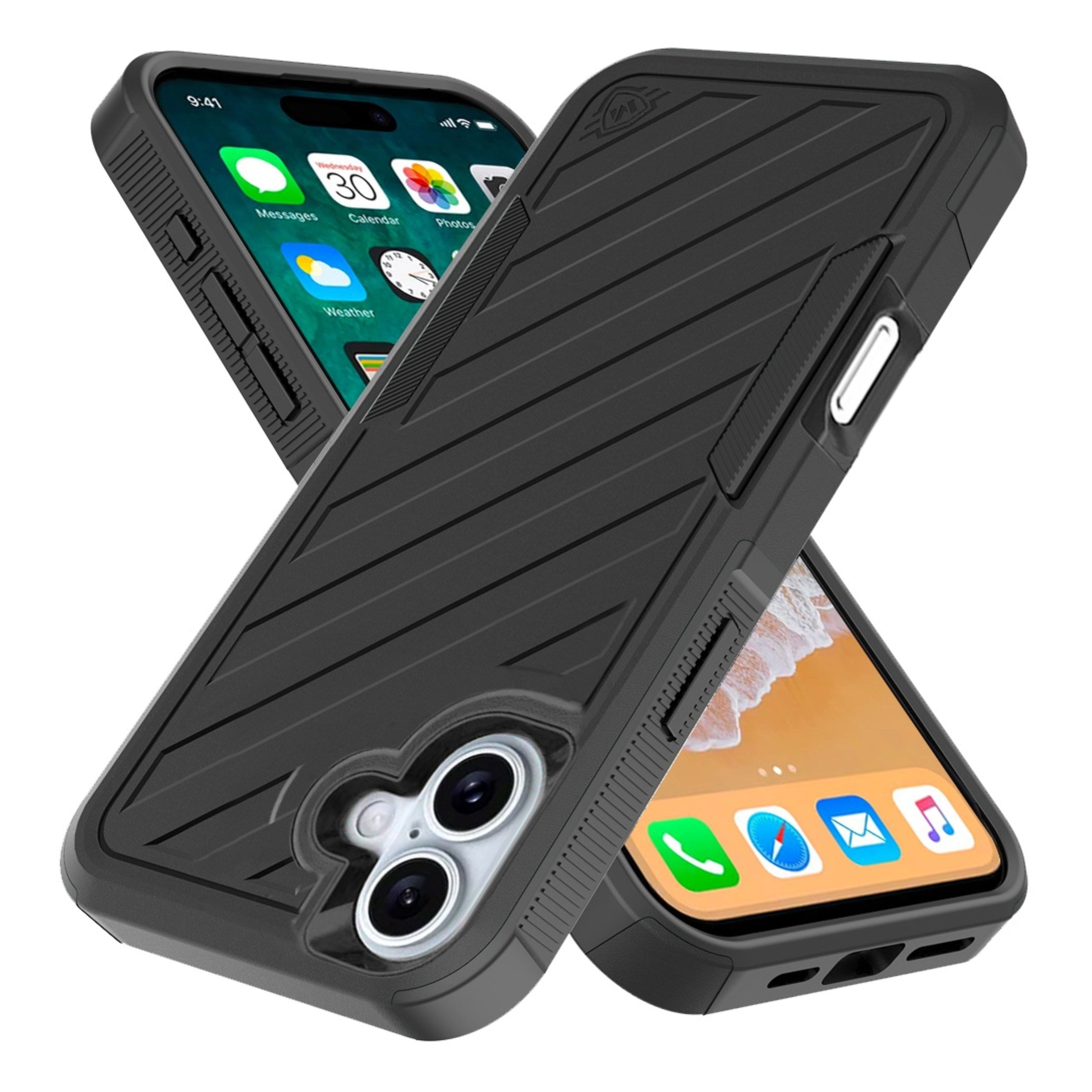 Kitcheniva - Shockproof Dual Layer Lined Phone Case With Tempered Glass For iPhone 16 Plus - Black