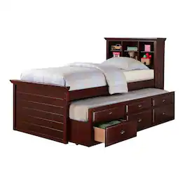 Manhattan Lane - Toni Twin Size Trundle Bed with 6 Drawers, Bookcase Headboard, Wood - Brown