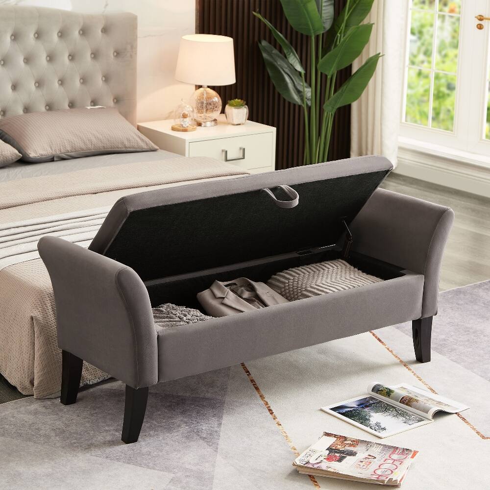 Angle. Ropilly - Ropilly 51.5" Grey Velvet Storage Bench, Tufted End of Bed Ottoman with Curved Arms, Upholstered Bedroom Shoe Bench - Grey.