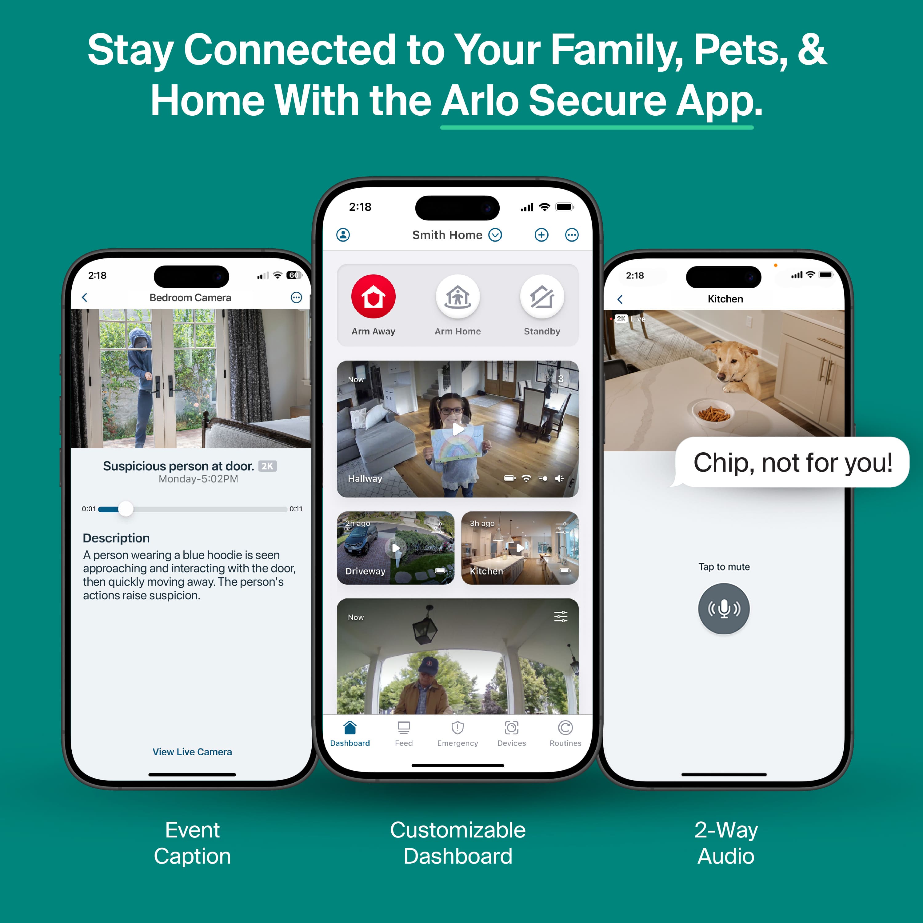 Stay Connected to Your Family, Pets, & Home With the Arlo Secure App.
- Bedroom Camera
- 2:18
- Suspicious person at door. 2K Monday-5:02PM
- Description: A person wearing a blue hoodie is seen approaching and interacting with the door, then quickly moving away. The person's actions raise suspicion.
- View Live Camera
- Smith Home
- 2:18
- Arm Away
- Arm Home
- Standby
- Hallway
- Driveway
- Customizable Dashboard
- Event Caption
- Kitchen
- 2:18
- Chip, not for you!
- Tap to mute
- 2-Way Audio