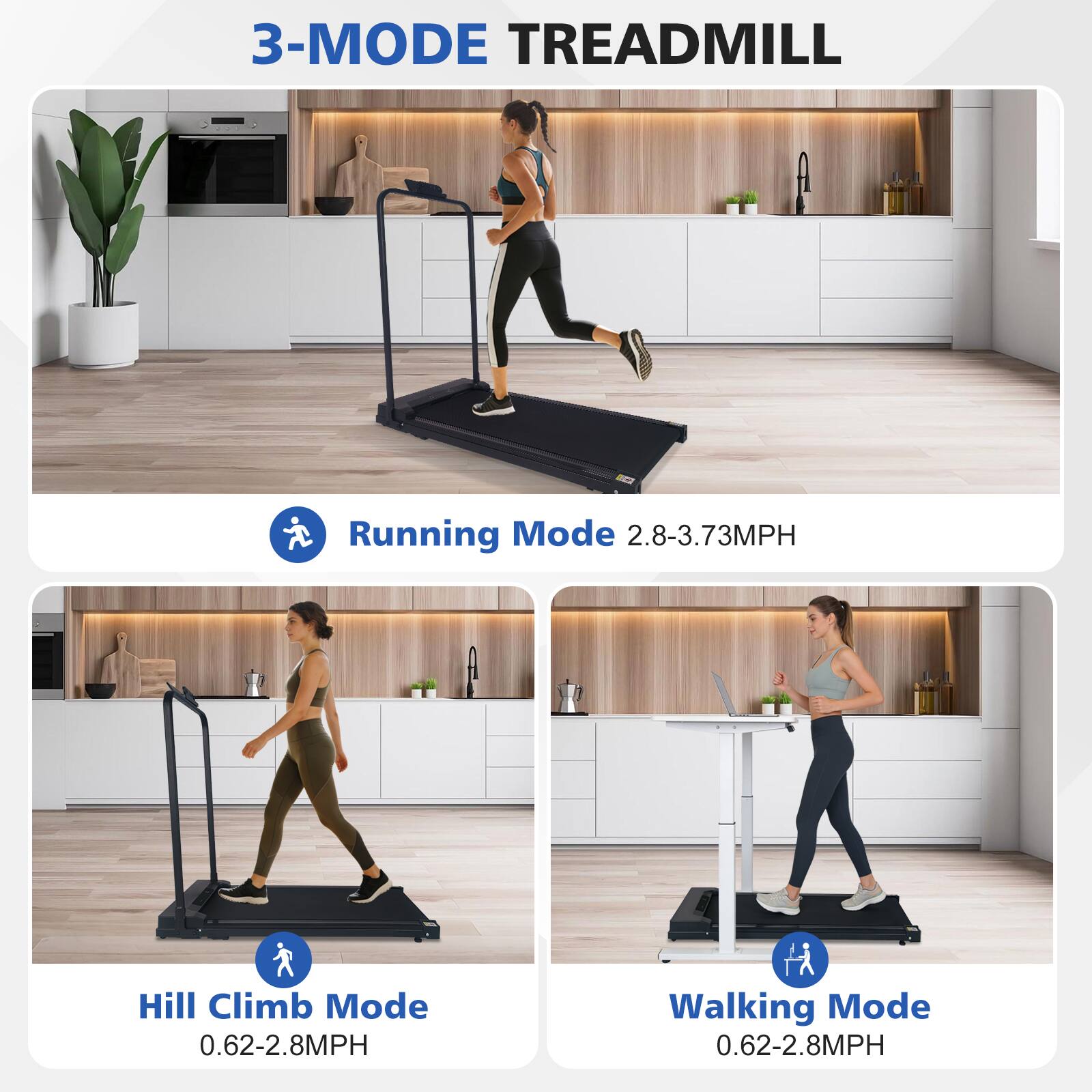 3-MODE TREADMILL

Running Mode 2.8-3.73MPH

Hill Climb Mode 0.62-2.8MPH

Walking Mode 0.62-2.8MPH